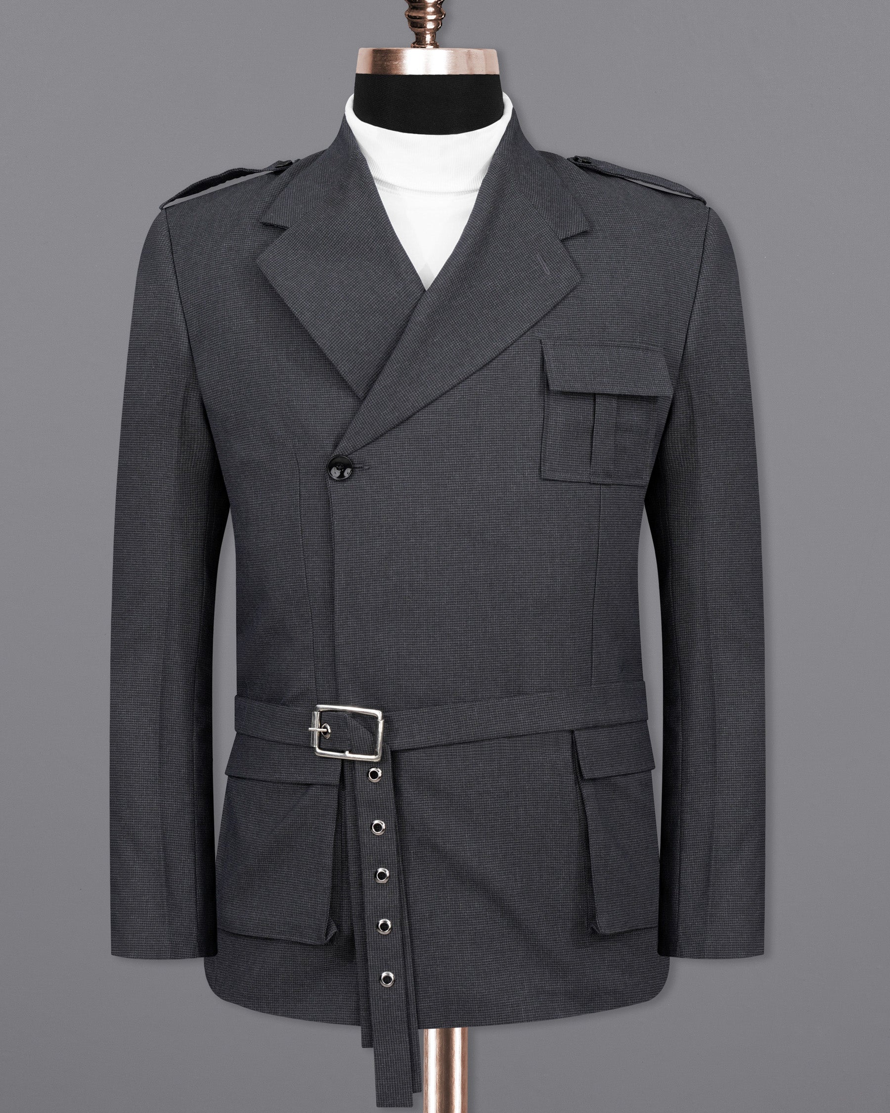 Bastille Dark Grey Double Breasted Designer Suit with Belt Closure