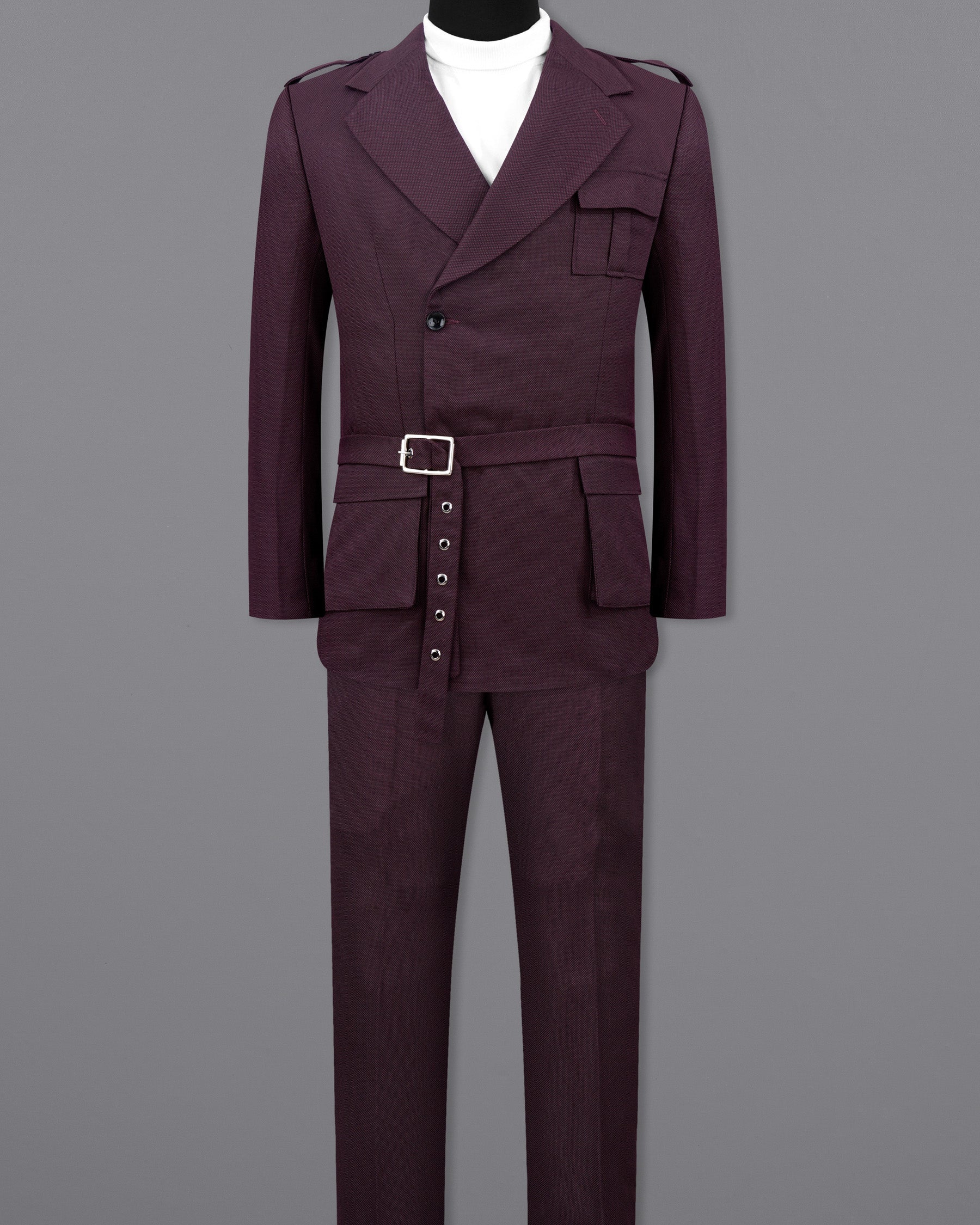 Eclipse Maroon Double Breasted Designer Suit with Belt Closure