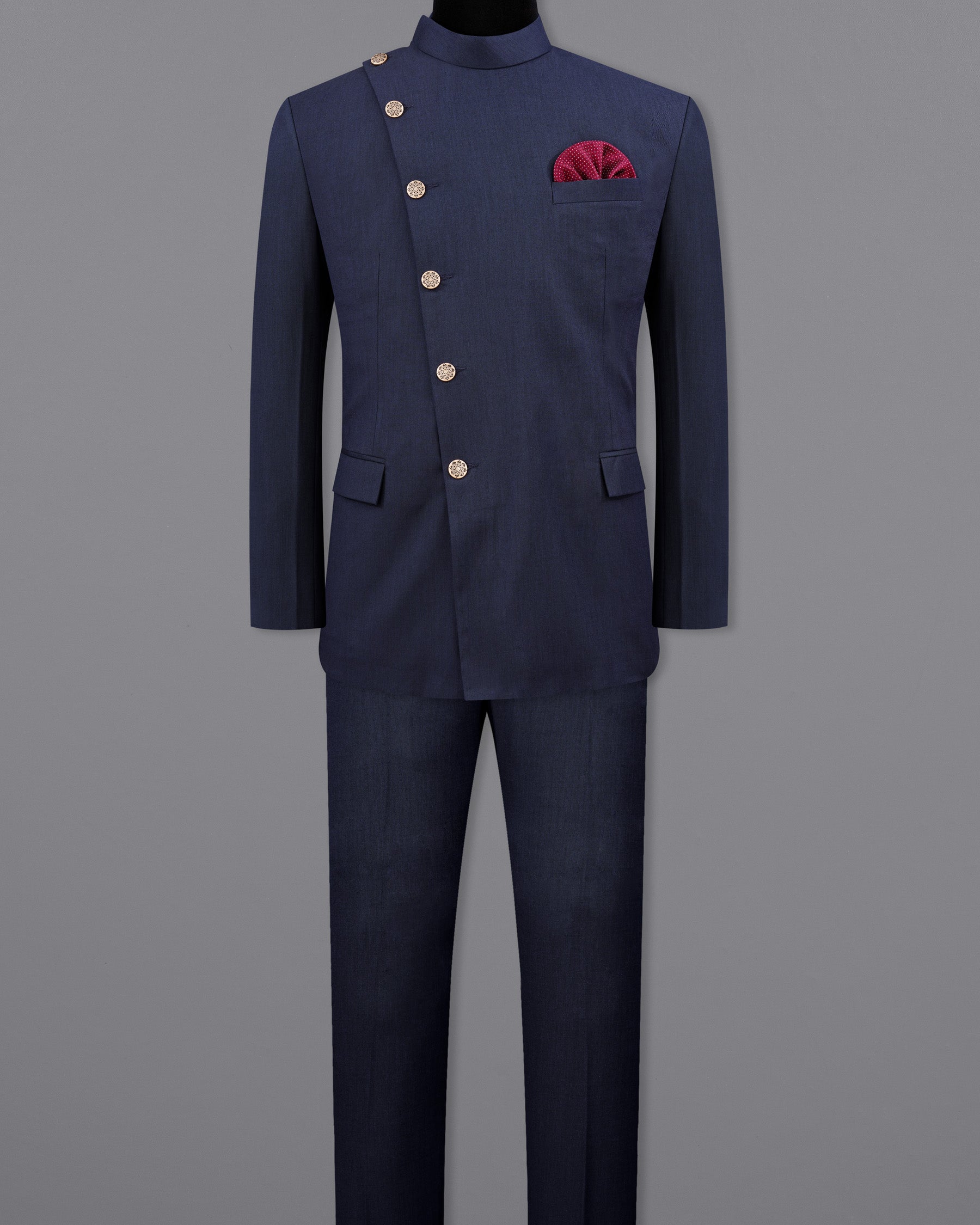 Gunmetal Navy Blue Cross Placket Bandhgala Suit