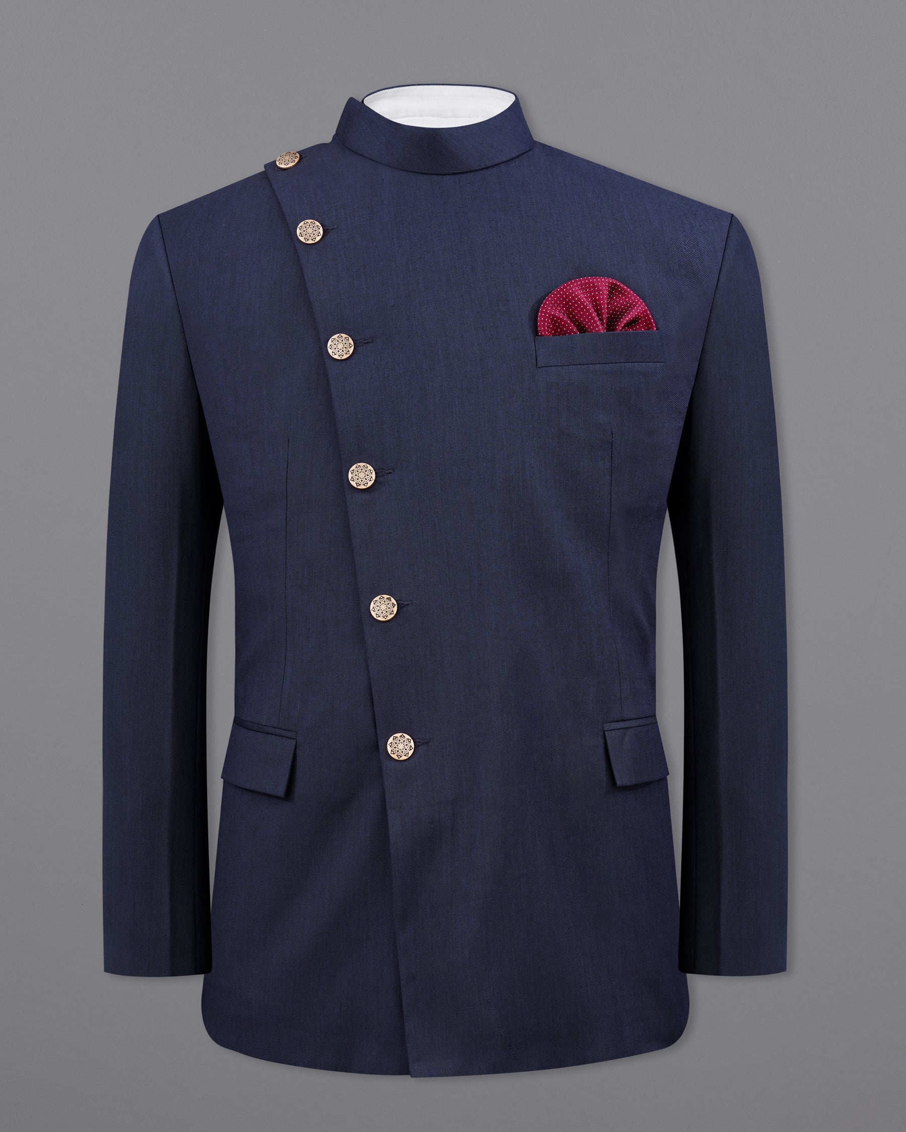 Gunmetal Navy Blue Cross Placket Bandhgala Suit