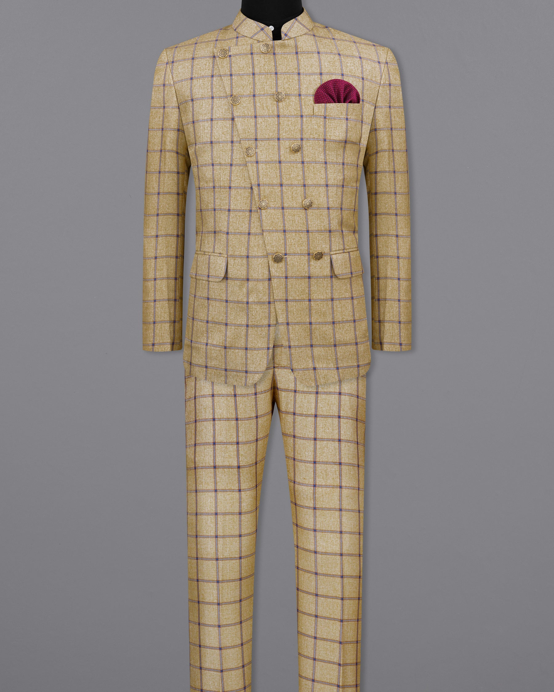 Mongoose Brown with Dianne Blue Windowpane Cross Placket Bandhgala Suit