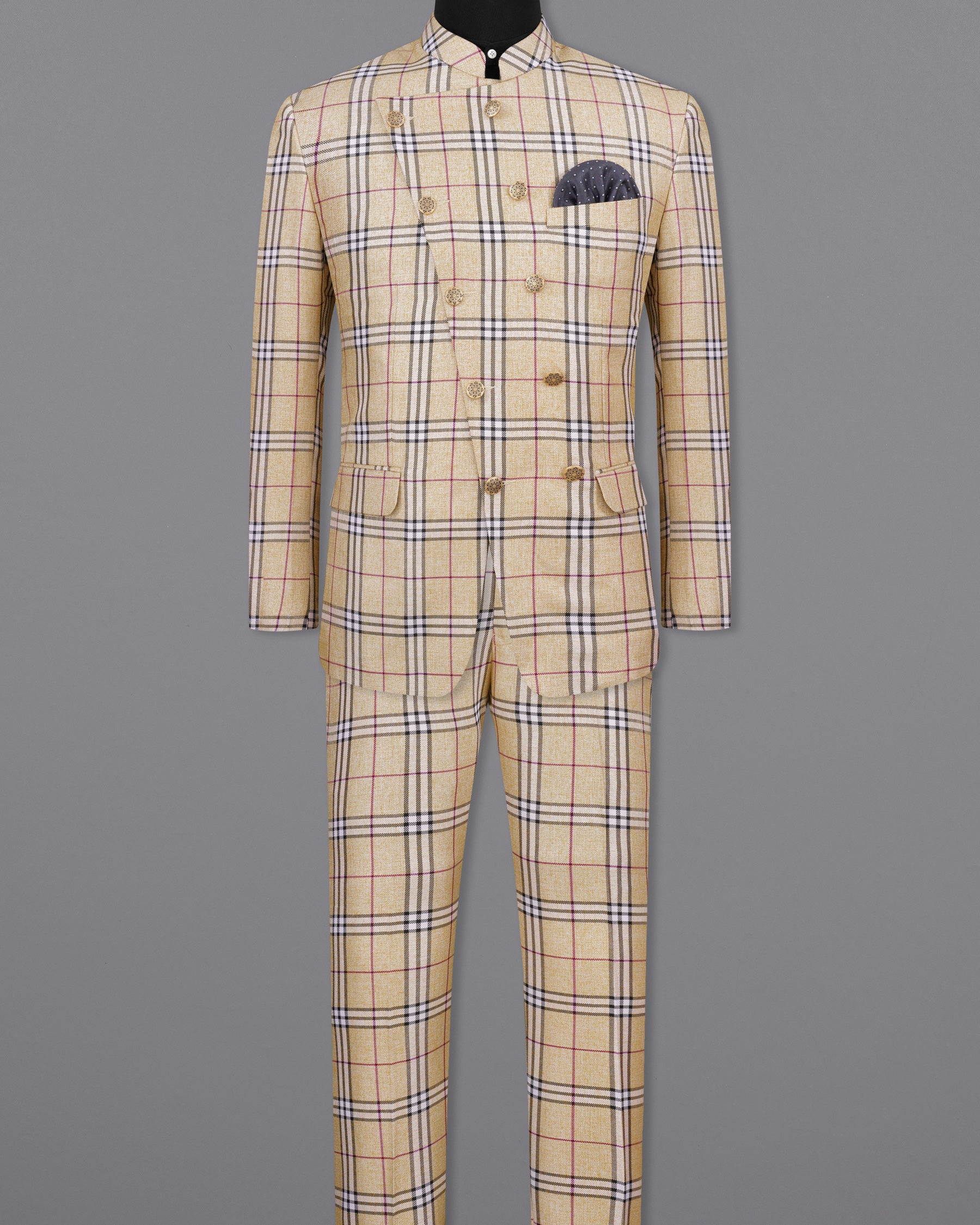Sorrell Brown with Acadia Black Plaid Cross Placket Bandhgala Suit