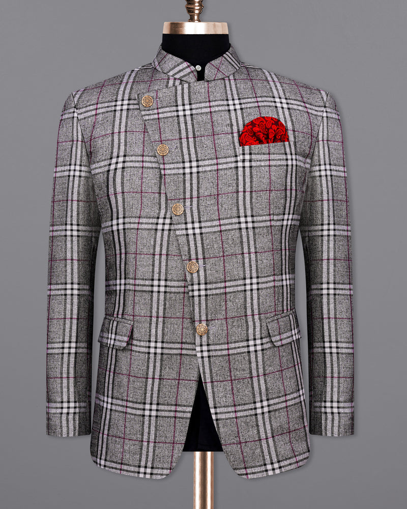 AMETHYST GRAY WITH BLACK PLAID CROSS PLACKET BANDHGALA BLAZER