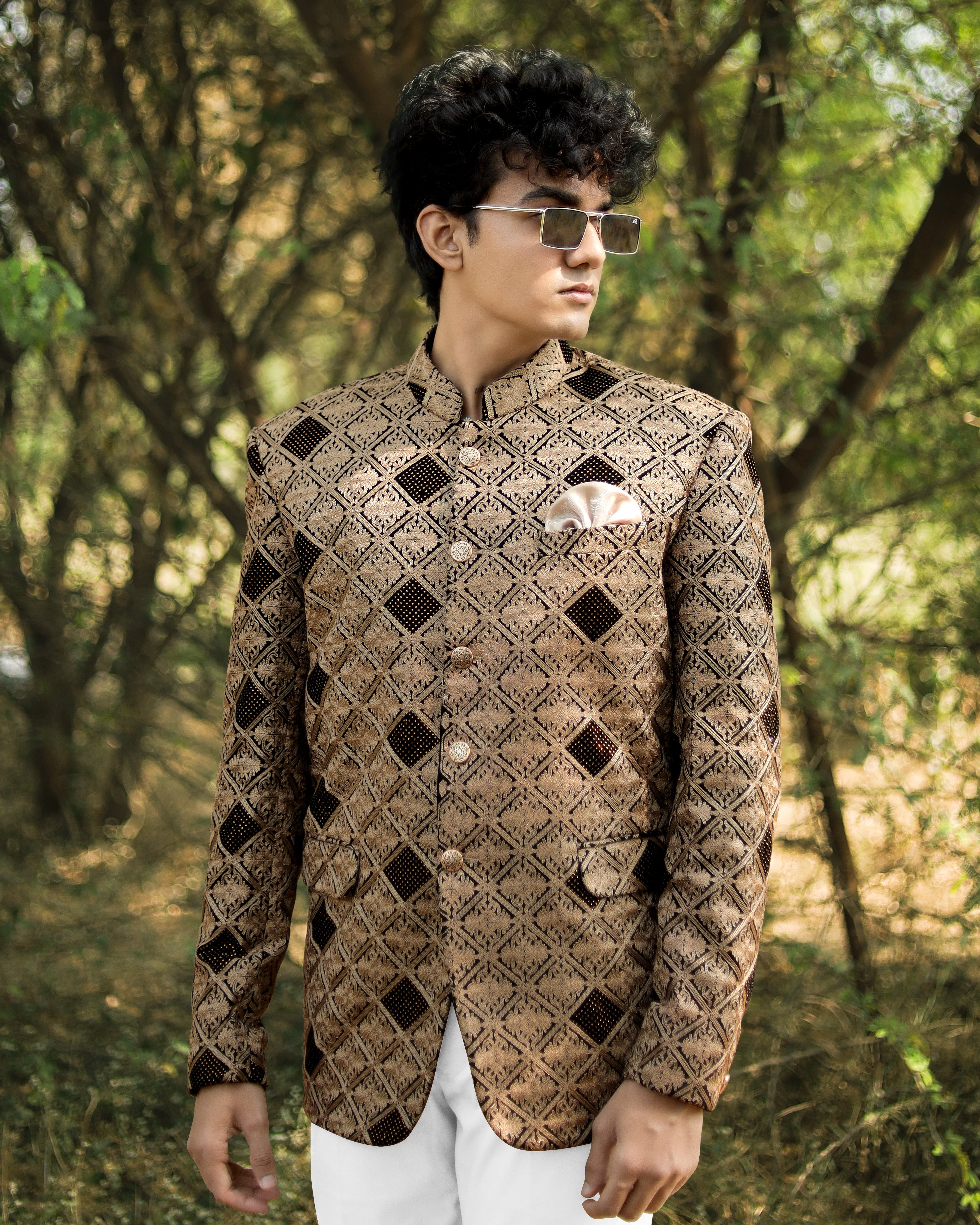 Muesli Brown with Asphalt Black Diamond Work with Cotton Thread Heavy Embroidered Bandhgala Designer Indo-Western Blazer
