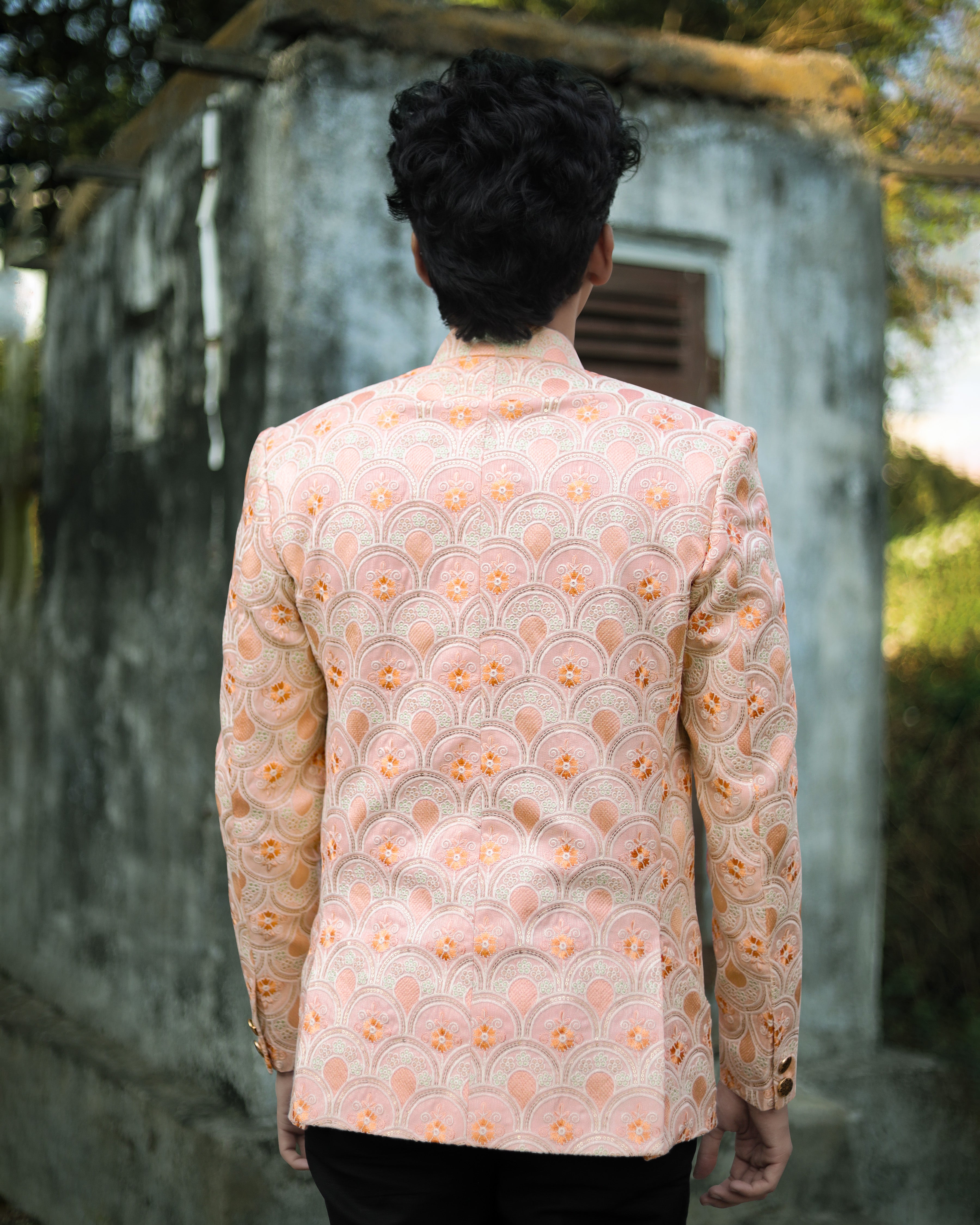 Cosmos Light Pink with Tangerina Orange Cross Placket Cotton Thread Heavy Embroidered Bandhgala Designer Blazer