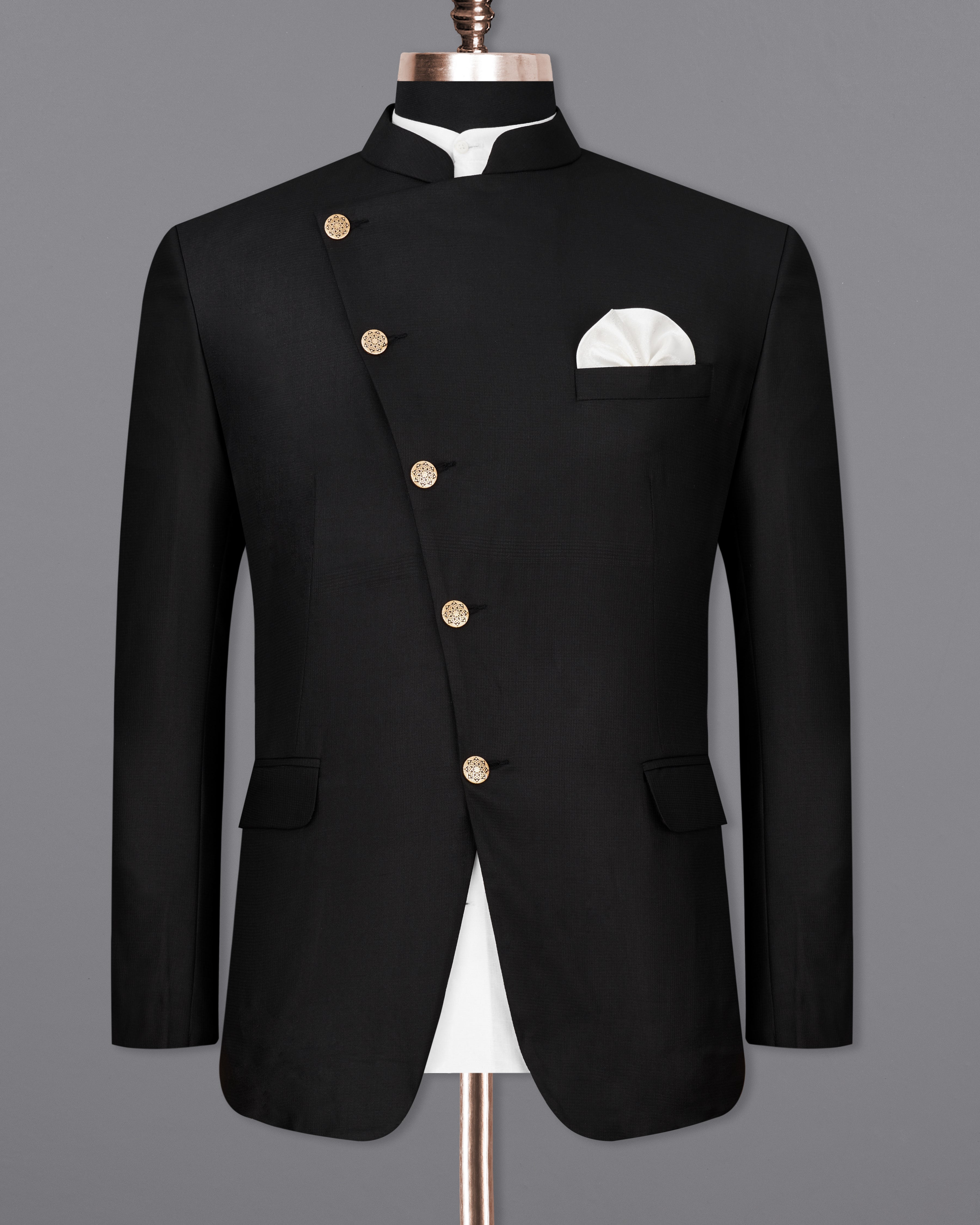 Jade Black Cross Buttoned Bandhgala Suit ST2249-CBG-36, ST2249-CBG-38, ST2249-CBG-40, ST2249-CBG-42, ST2249-CBG-44, ST2249-CBG-46, ST2249-CBG-48, ST2249-CBG-50, ST2249-CBG-52, ST2249-CBG-54, ST2249-CBG-56, ST2249-CBG-58, ST2249-CBG-60