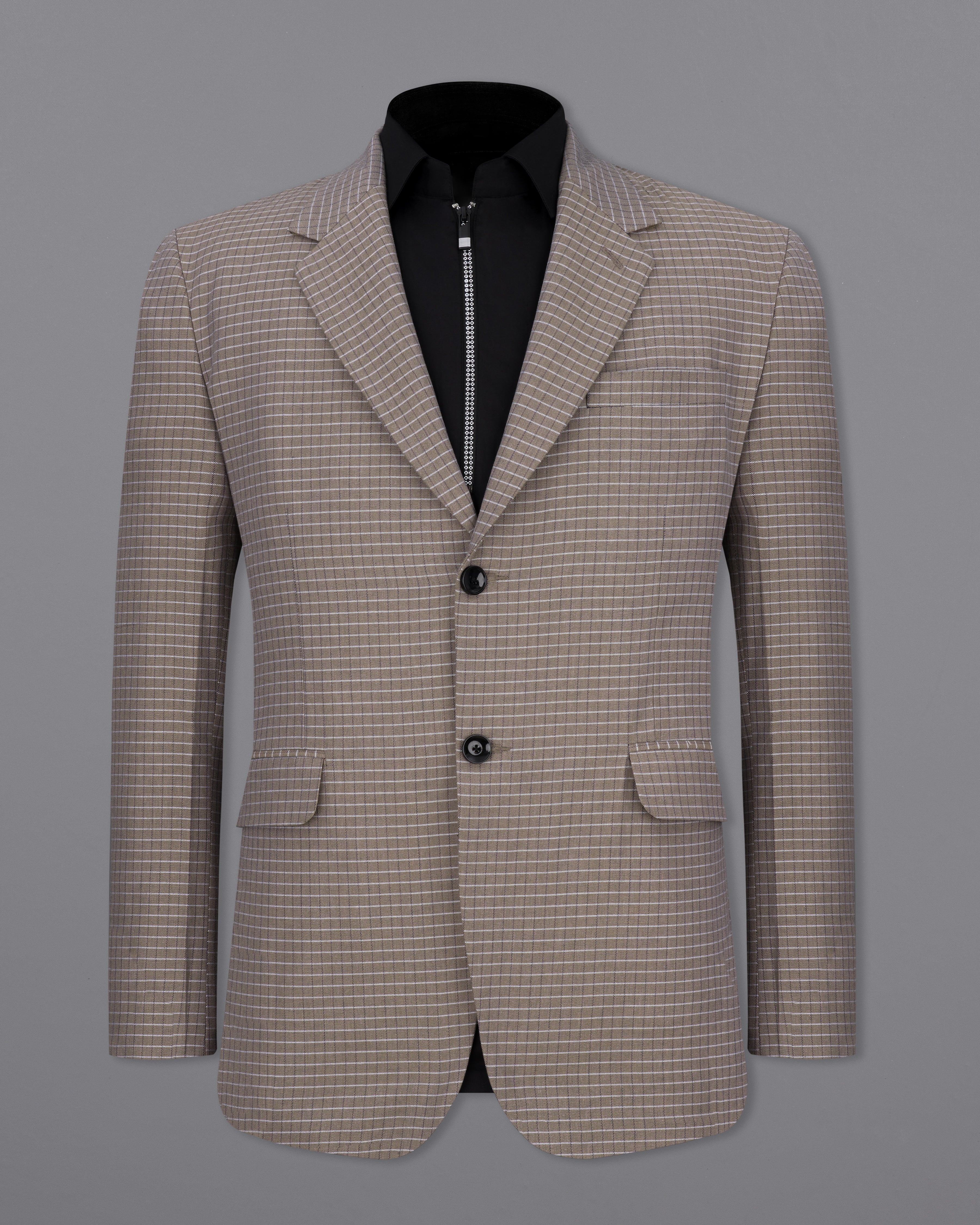 Sand Dune Brown Checkered Single Breasted Premium Cotton Suit