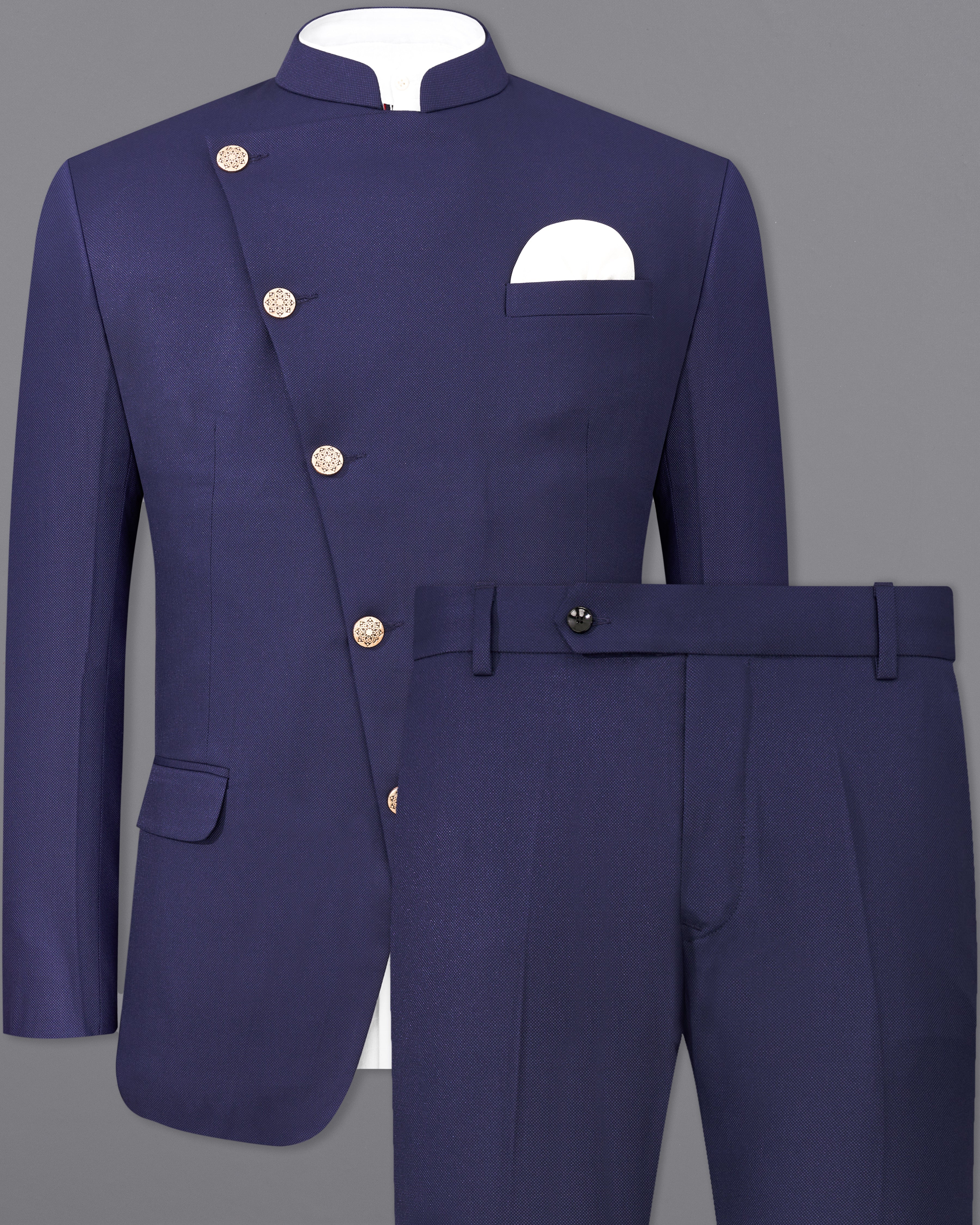 Ebony Clay Navy Blue Cross Placket Bandhgala Suit