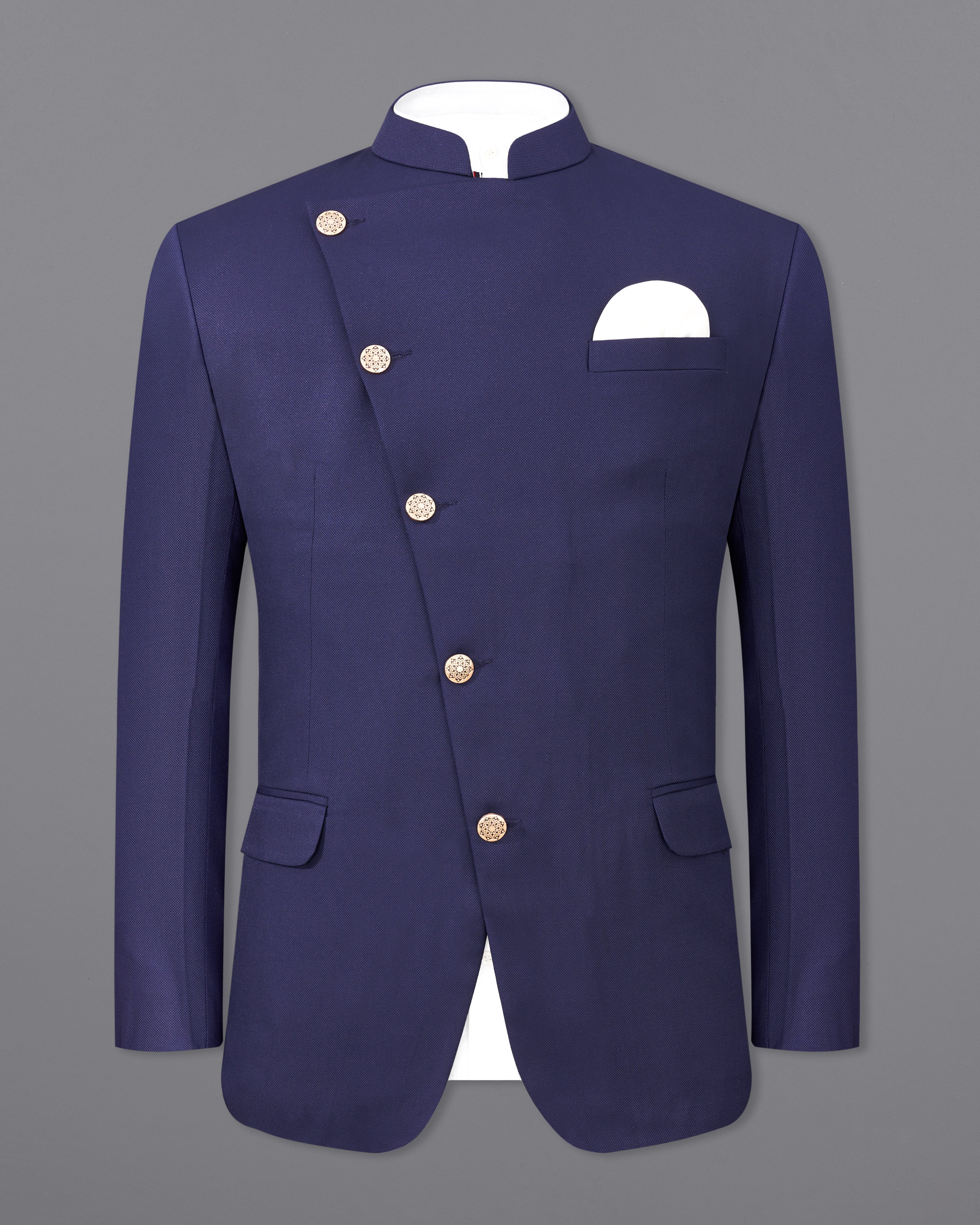 Ebony Clay Navy Blue Cross Placket Bandhgala Suit