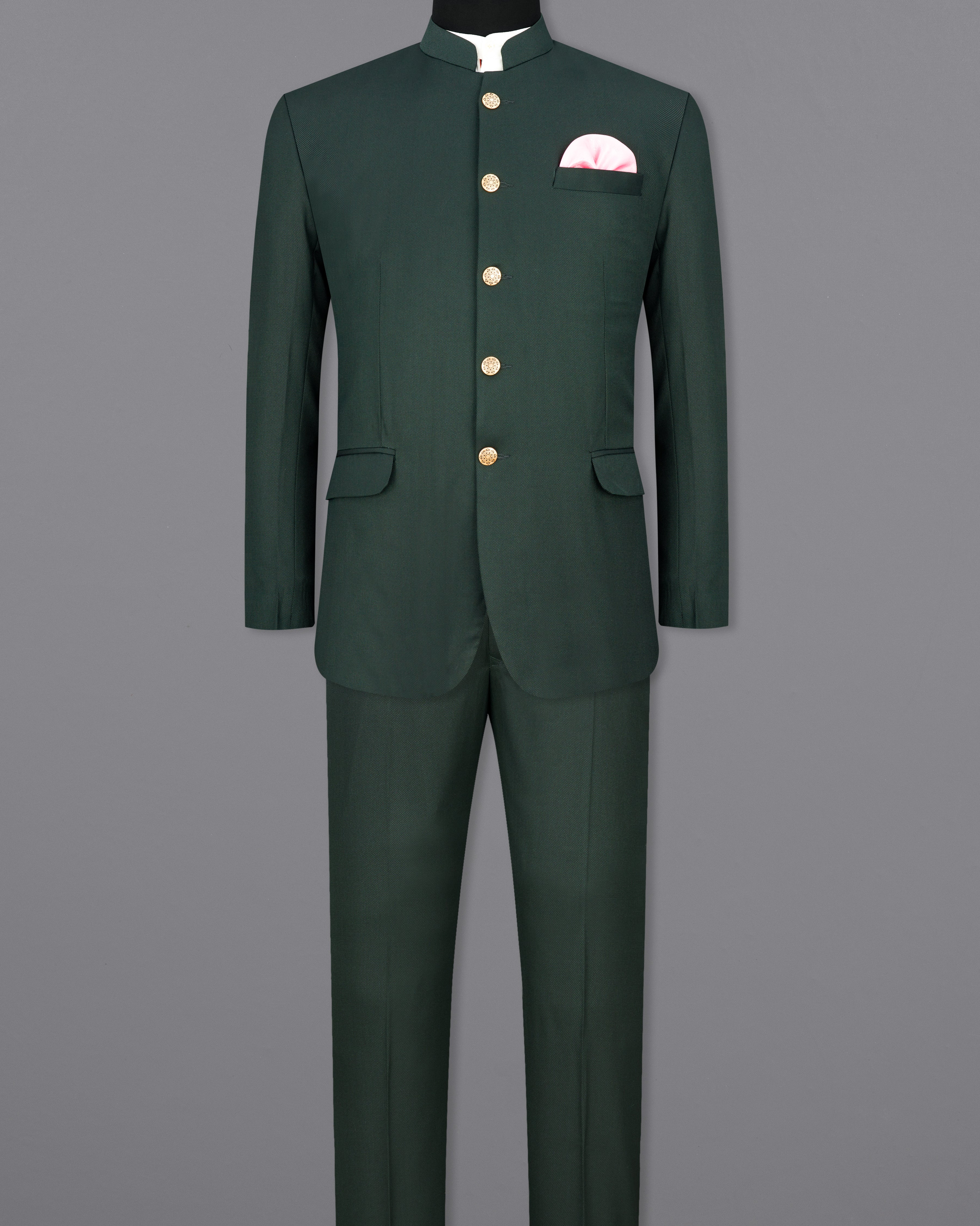 Heavy Metal Green Textured Premium Terry-Rayon Bandhgala/Jodhpuri Suits for  Men.