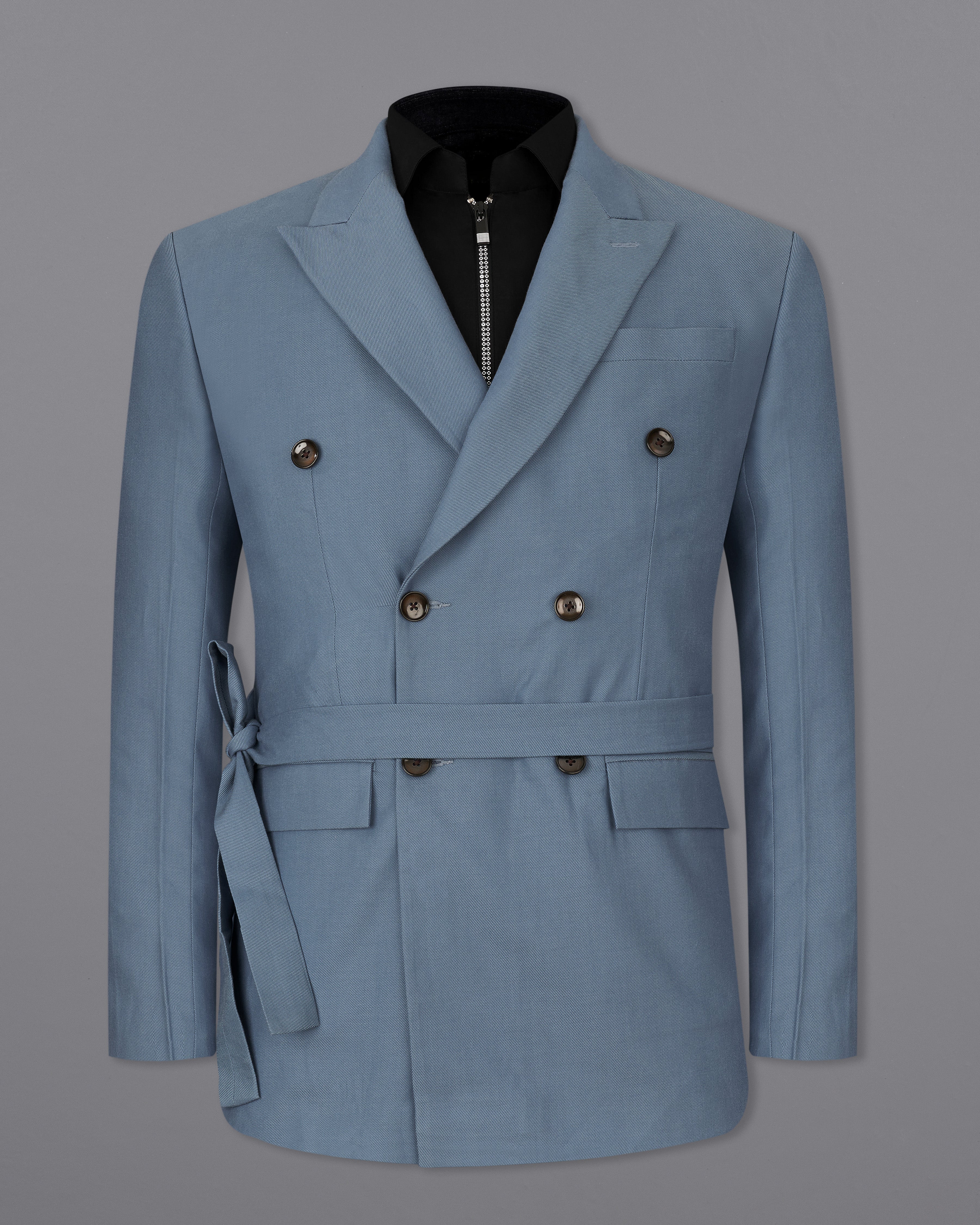 Metallic Blue Double Breasted Premium Cotton Designer Suit with Belt Closure ST2331-DB-D8-36, ST2331-DB-D8-38, ST2331-DB-D8-40, ST2331-DB-D8-42, ST2331-DB-D8-44, ST2331-DB-D8-46, ST2331-DB-D8-48, ST2331-DB-D8-50, ST2331-DB-D8-52, ST2331-DB-D8-54, ST2331-DB-D8-56, ST2331-DB-D8-58, ST2331-DB-D8-60