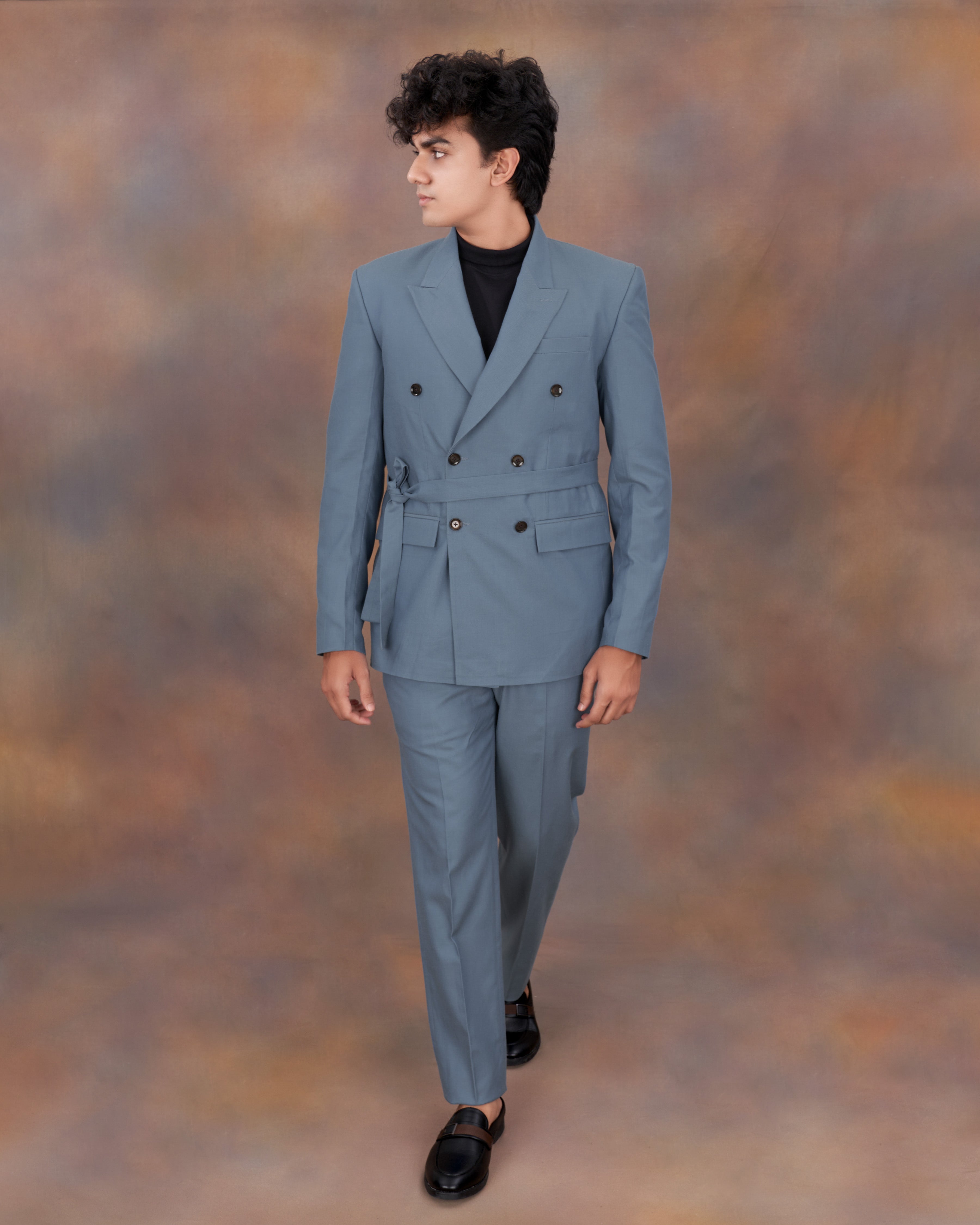 Metallic Blue Double Breasted Premium Cotton Designer Suit with Belt Closure ST2331-DB-D8-36, ST2331-DB-D8-38, ST2331-DB-D8-40, ST2331-DB-D8-42, ST2331-DB-D8-44, ST2331-DB-D8-46, ST2331-DB-D8-48, ST2331-DB-D8-50, ST2331-DB-D8-52, ST2331-DB-D8-54, ST2331-DB-D8-56, ST2331-DB-D8-58, ST2331-DB-D8-60