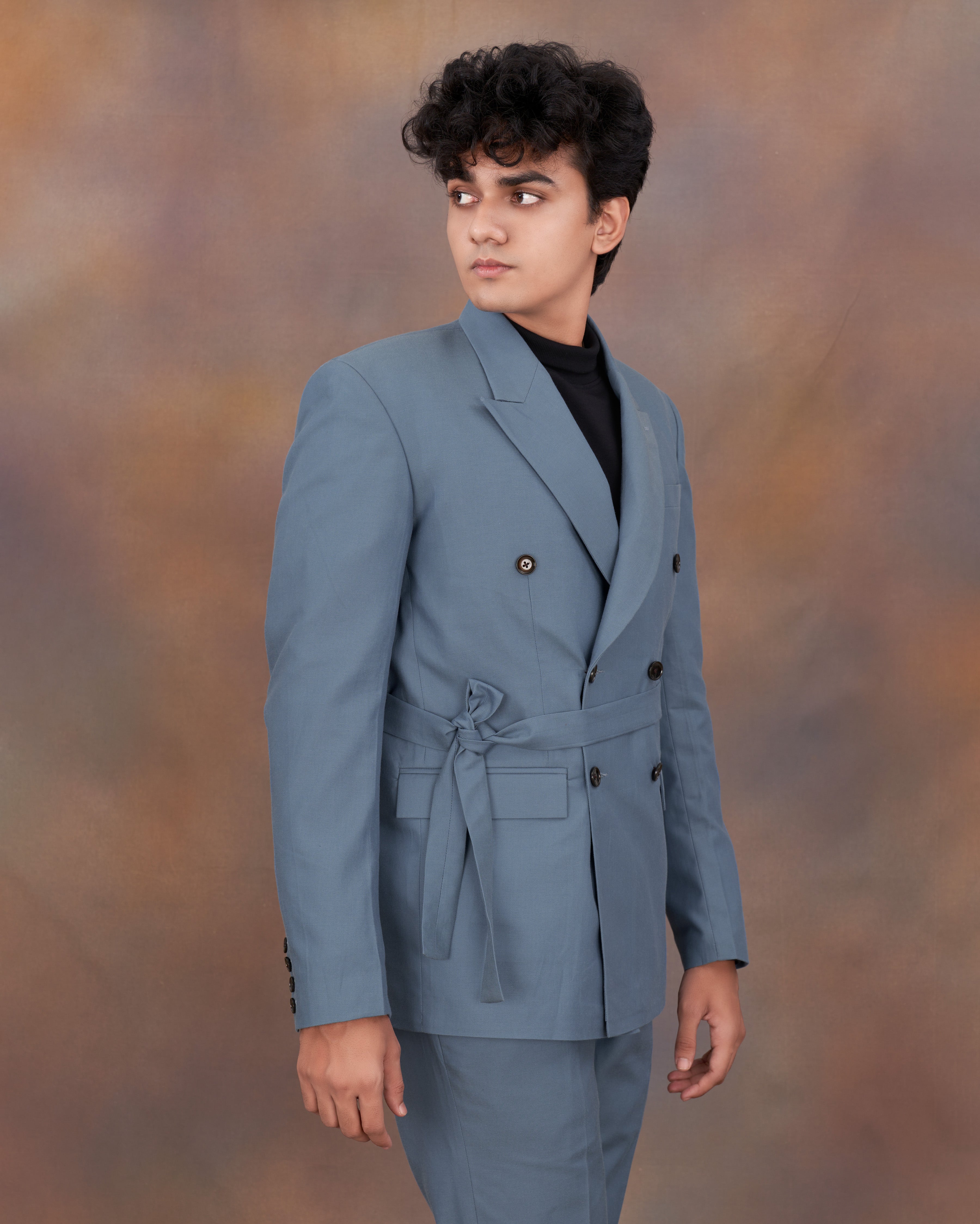 Metallic Blue Double Breasted Premium Cotton Designer Suit with Belt Closure ST2331-DB-D8-36, ST2331-DB-D8-38, ST2331-DB-D8-40, ST2331-DB-D8-42, ST2331-DB-D8-44, ST2331-DB-D8-46, ST2331-DB-D8-48, ST2331-DB-D8-50, ST2331-DB-D8-52, ST2331-DB-D8-54, ST2331-DB-D8-56, ST2331-DB-D8-58, ST2331-DB-D8-60