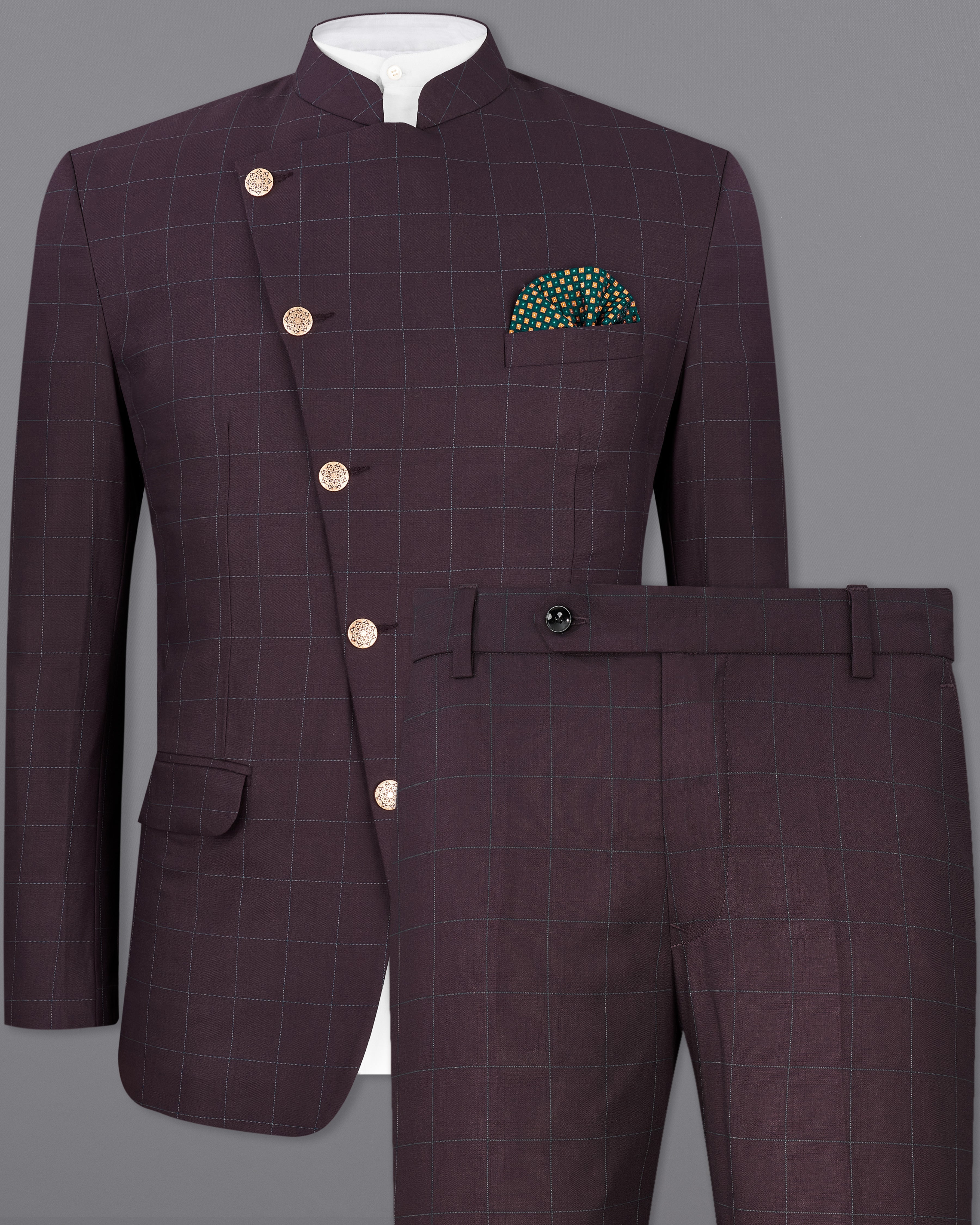 Thunder Maroon Windowpane Cross Buttoned Bandhgala Suit ST2332-CBG-36, ST2332-CBG-38, ST2332-CBG-40, ST2332-CBG-42, ST2332-CBG-44, ST2332-CBG-46, ST2332-CBG-48, ST2332-CBG-50, ST2332-CBG-52, ST2332-CBG-54, ST2332-CBG-56, ST2332-CBG-58, ST2332-CBG-60	