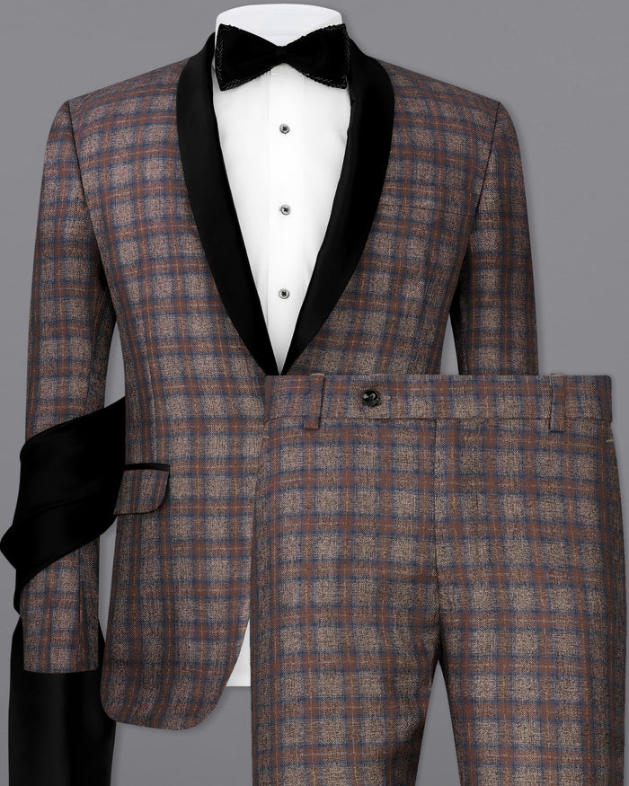 HURRICANE BROWN PLAID TUXEDO DESIGNER SUIT WITH SHAWL