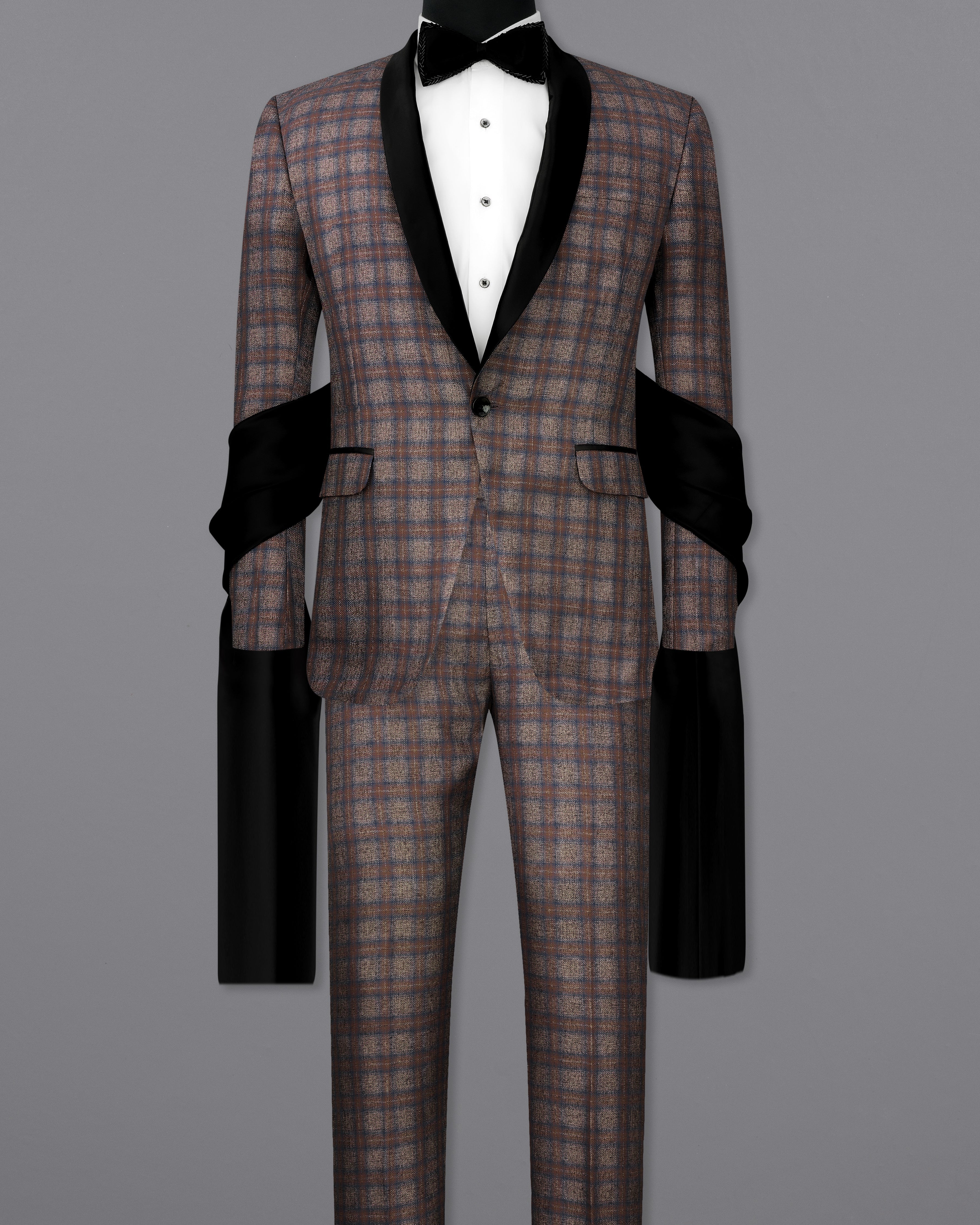 Hurricane Brown Plaid Tuxedo Designer Suit with Shawl