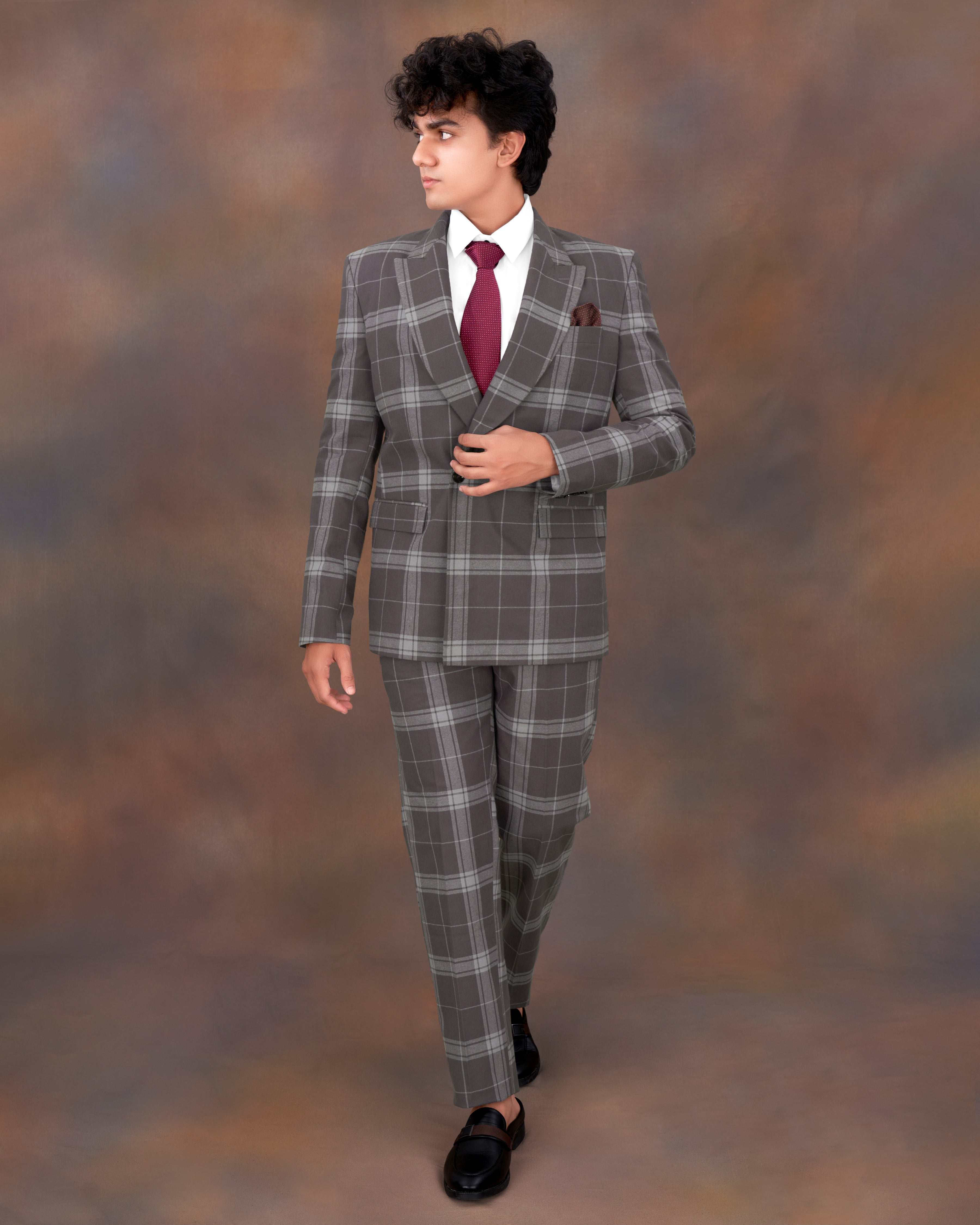 Tundora Brown with Star Dust Gray Plaid Premium Cotton Double Breasted Designer Suit ST2338-DB-2B-36, ST2338-DB-2B-38, ST2338-DB-2B-40, ST2338-DB-2B-42, ST2338-DB-2B-44, ST2338-DB-2B-46, ST2338-DB-2B-48, ST2338-DB-2B-50, ST2338-DB-2B-52, ST2338-DB-2B-54, ST2338-DB-2B-56, ST2338-DB-2B-58, ST2338-DB-2B-60	