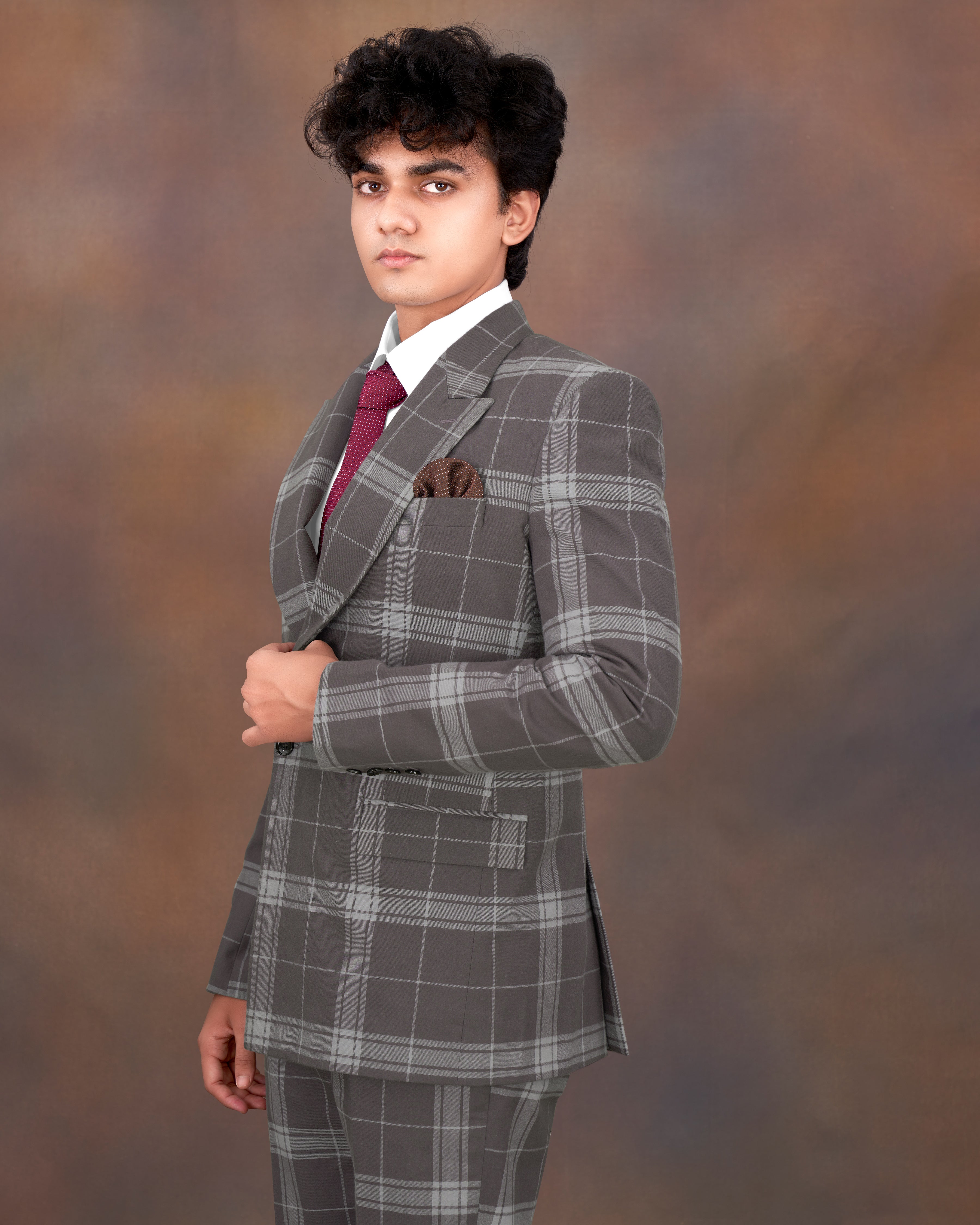 Tundora Brown with Star Dust Gray Plaid Premium Cotton Double Breasted Designer Suit ST2338-DB-2B-36, ST2338-DB-2B-38, ST2338-DB-2B-40, ST2338-DB-2B-42, ST2338-DB-2B-44, ST2338-DB-2B-46, ST2338-DB-2B-48, ST2338-DB-2B-50, ST2338-DB-2B-52, ST2338-DB-2B-54, ST2338-DB-2B-56, ST2338-DB-2B-58, ST2338-DB-2B-60	