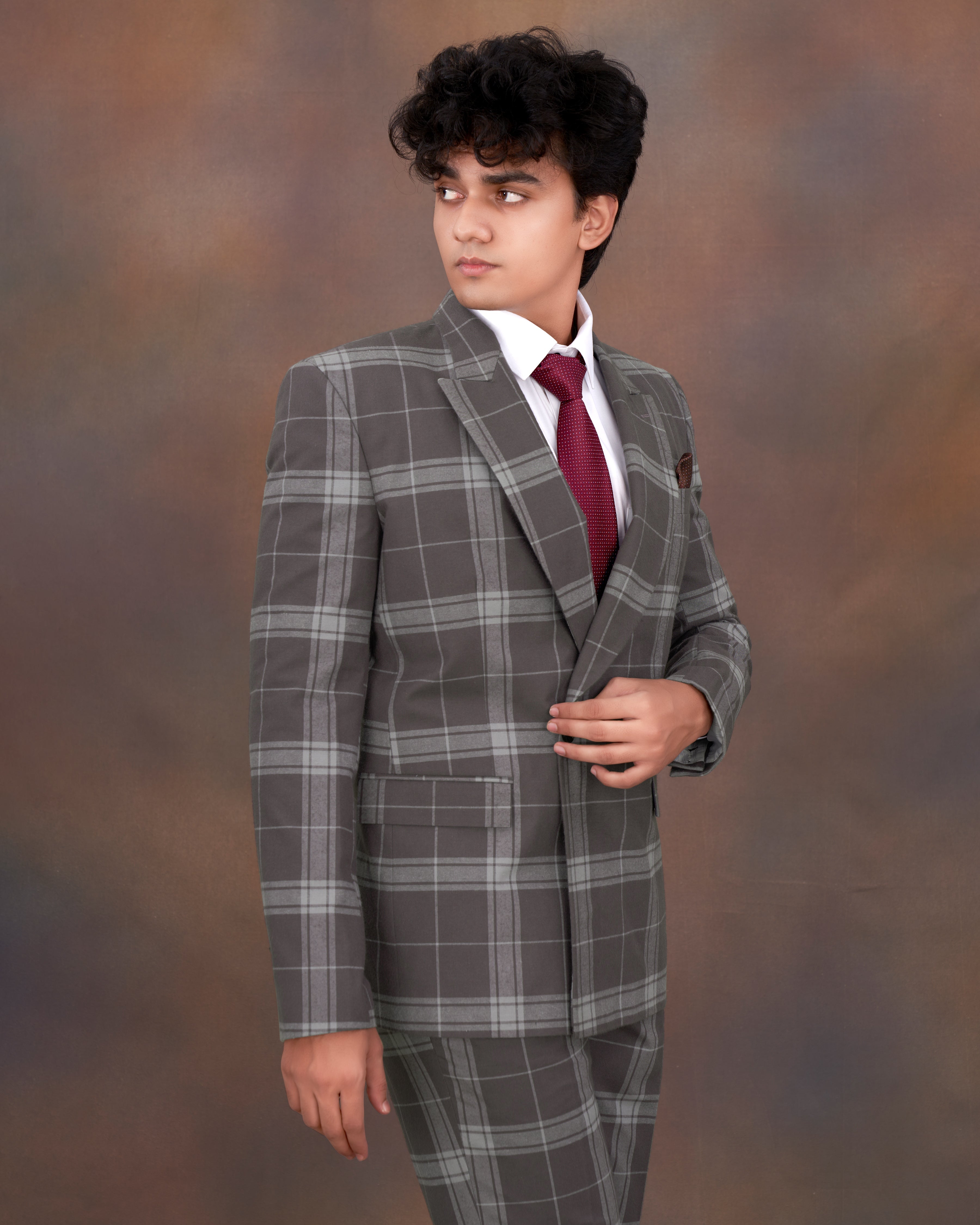 Tundora Brown with Star Dust Gray Plaid Premium Cotton Double Breasted Designer Suit ST2338-DB-2B-36, ST2338-DB-2B-38, ST2338-DB-2B-40, ST2338-DB-2B-42, ST2338-DB-2B-44, ST2338-DB-2B-46, ST2338-DB-2B-48, ST2338-DB-2B-50, ST2338-DB-2B-52, ST2338-DB-2B-54, ST2338-DB-2B-56, ST2338-DB-2B-58, ST2338-DB-2B-60	