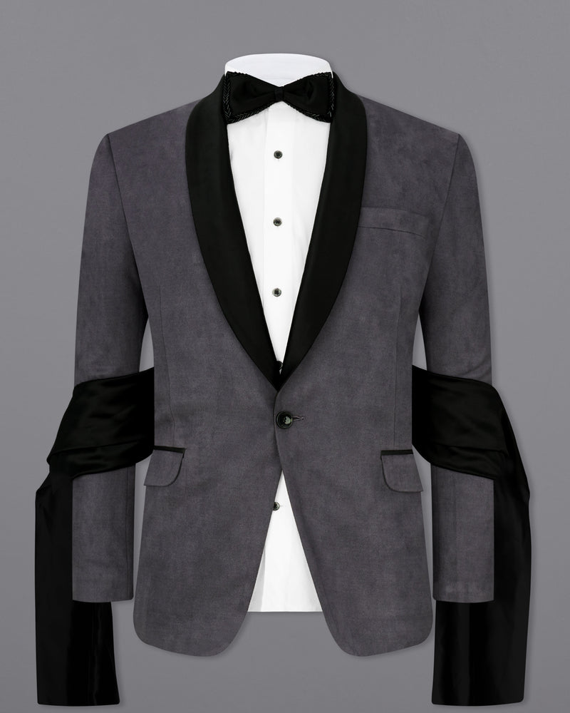 IRIDIUM GRAY VELVET TUXEDO DESIGNER SUIT WITH SHAWL