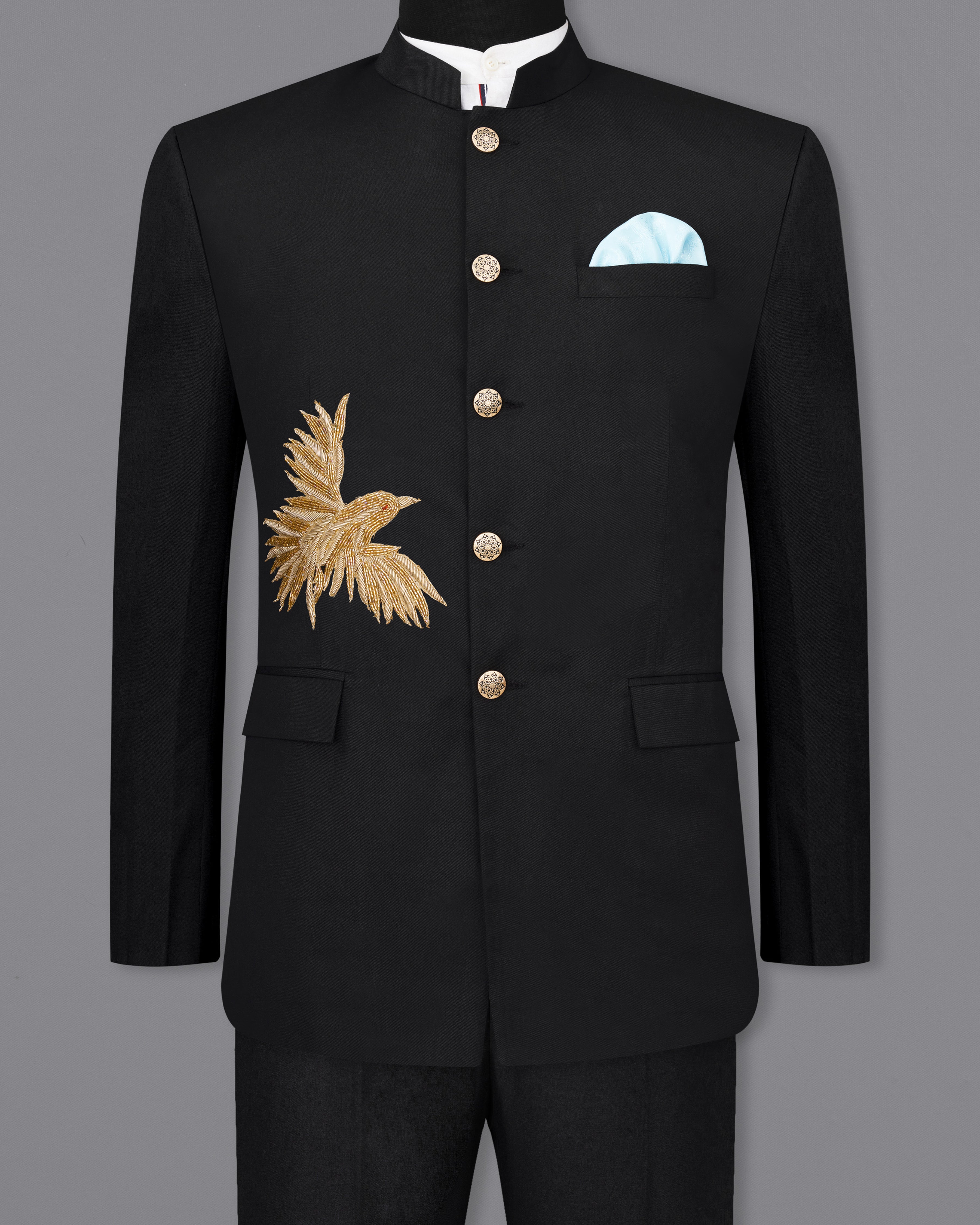 Jade Black with Camel Golden Bird Embroidered Bandhgala Designer Suit ST2379-D219-36, ST2379-D219-38, ST2379-D219-40, ST2379-D219-42, ST2379-D219-44, ST2379-D219-46, ST2379-D219-48, ST2379-D219-50, ST2379-D219-52, ST2379-D219-54, ST2379-D219-56, ST2379-D219-58, ST2379-D219-60