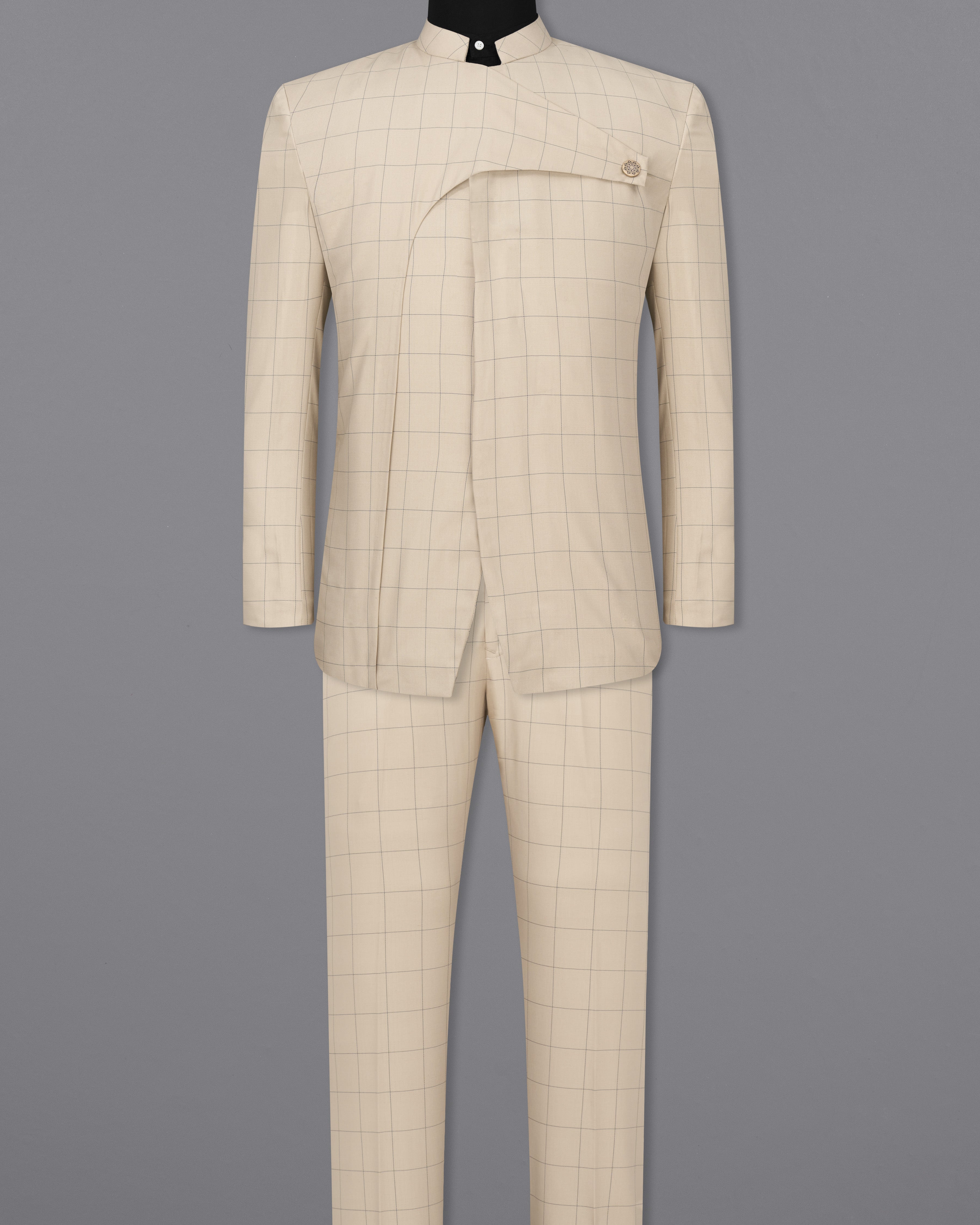 Hampton Cream Windowpane Bandhgala Designer Suit ST2382-D238-36, ST2382-D238-38, ST2382-D238-40, ST2382-D238-42, ST2382-D238-44, ST2382-D238-46, ST2382-D238-48, ST2382-D238-50, ST2382-D238-52, ST2382-D238-54, ST2382-D238-56, ST2382-D238-58, ST2382-D238-60