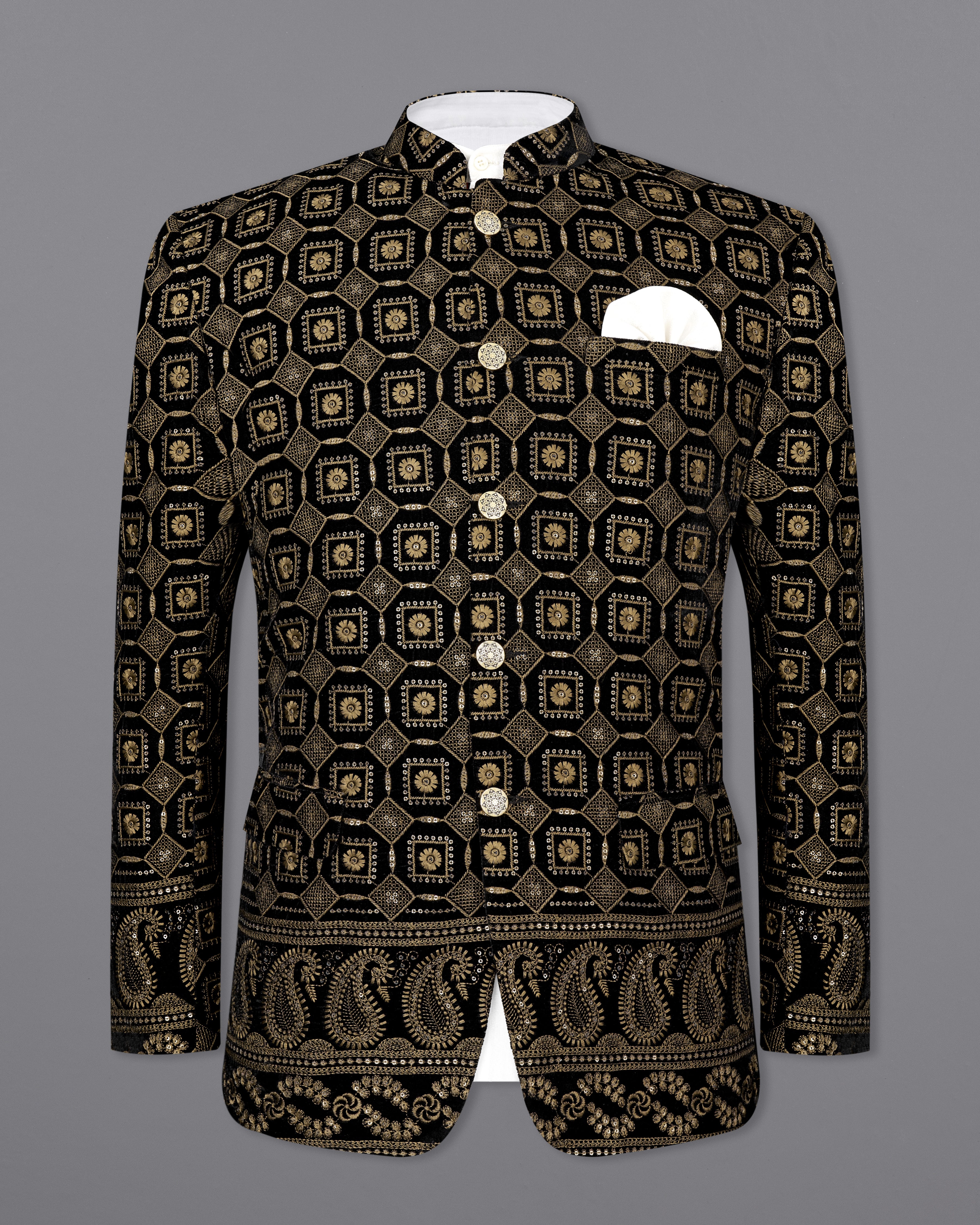 Moccasin Brown and Black Embroidered Work Bandhgala Blazer