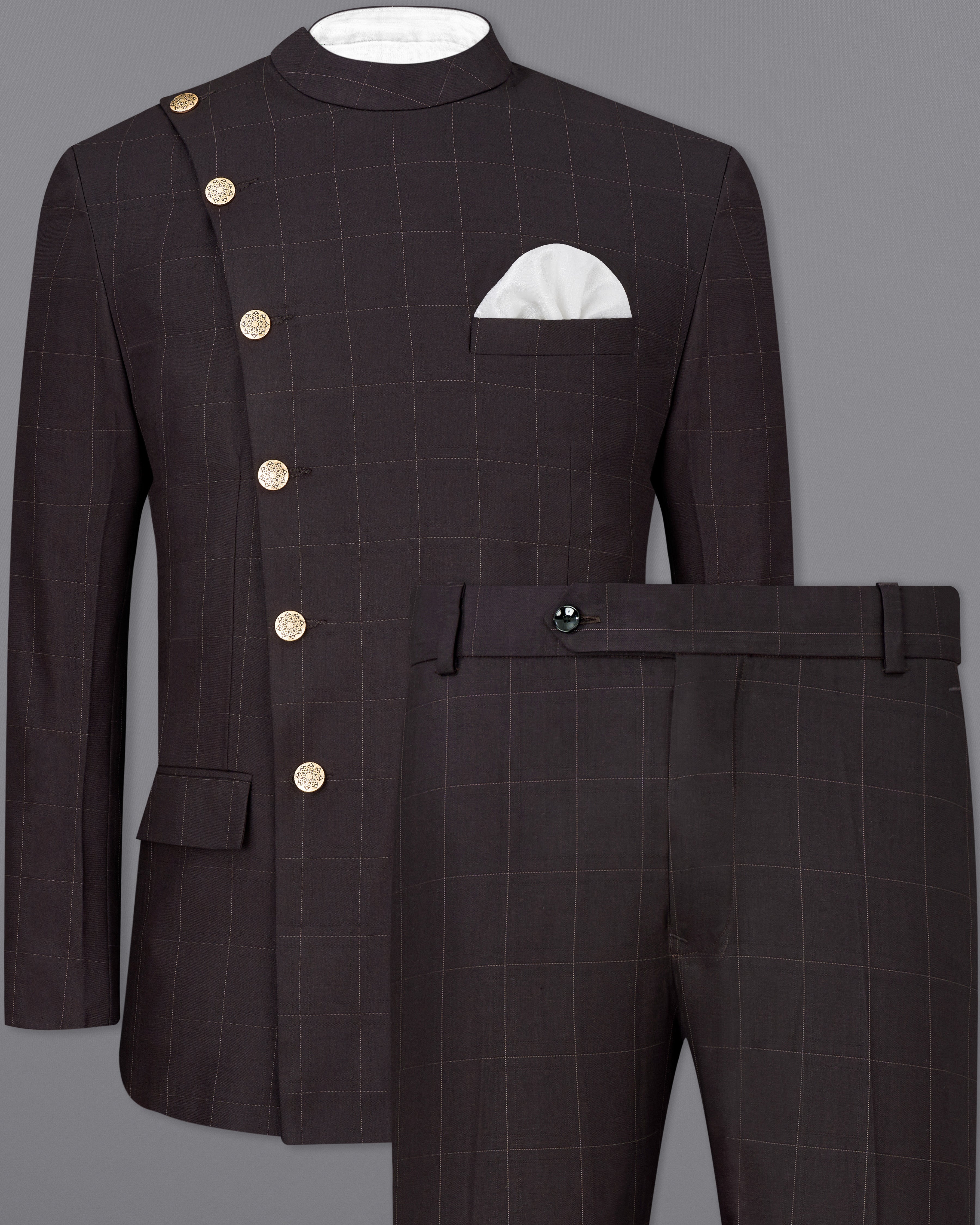 Piano Brown Windowpane Cross Placket Bandhgala Suit