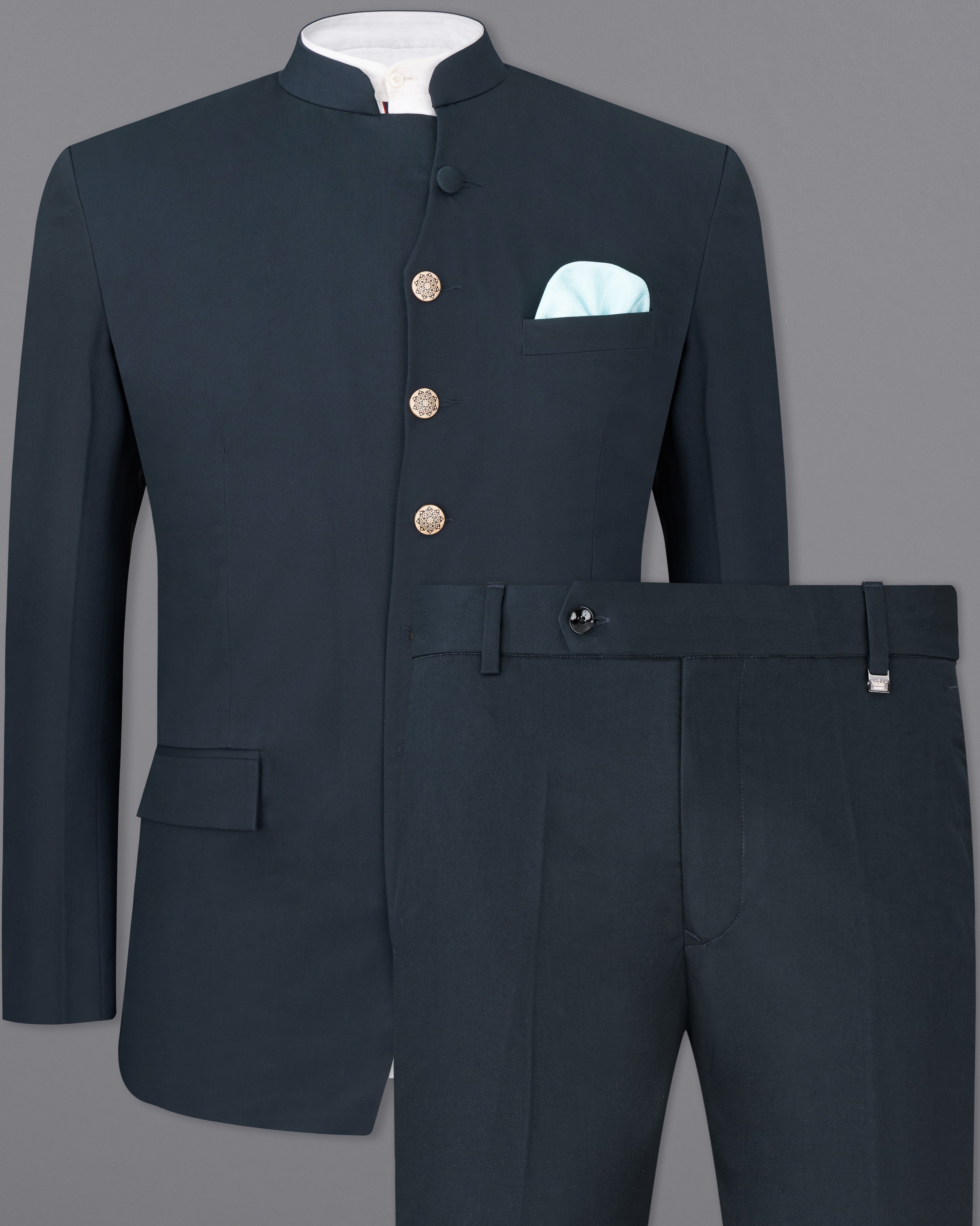 Matte Blue Jacquard Bandhgala Suit for Men | Bennevis Fashion