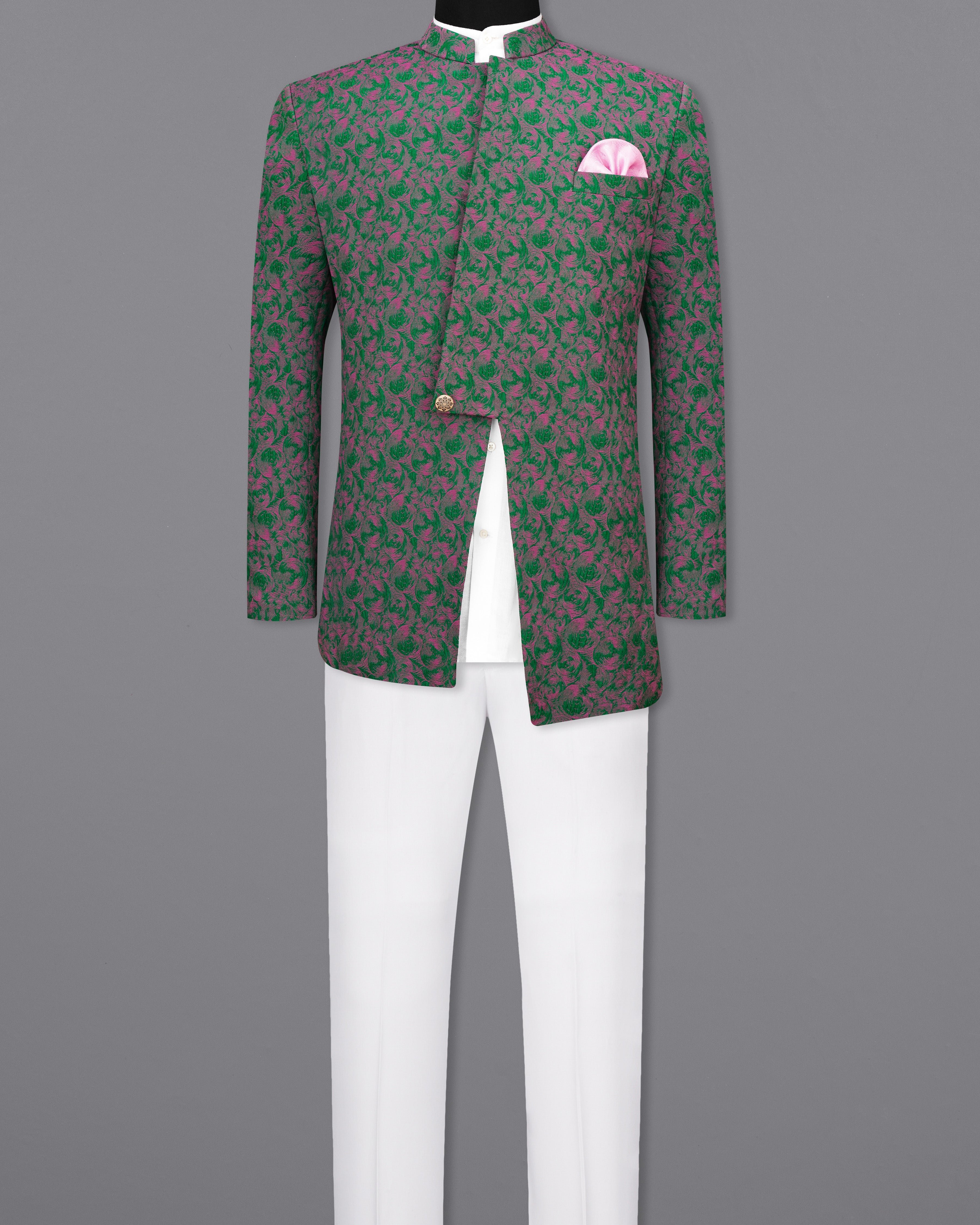 Dartmouth Green with Mulberry Pink Ditsy Textured Bandhgala Designer Suit