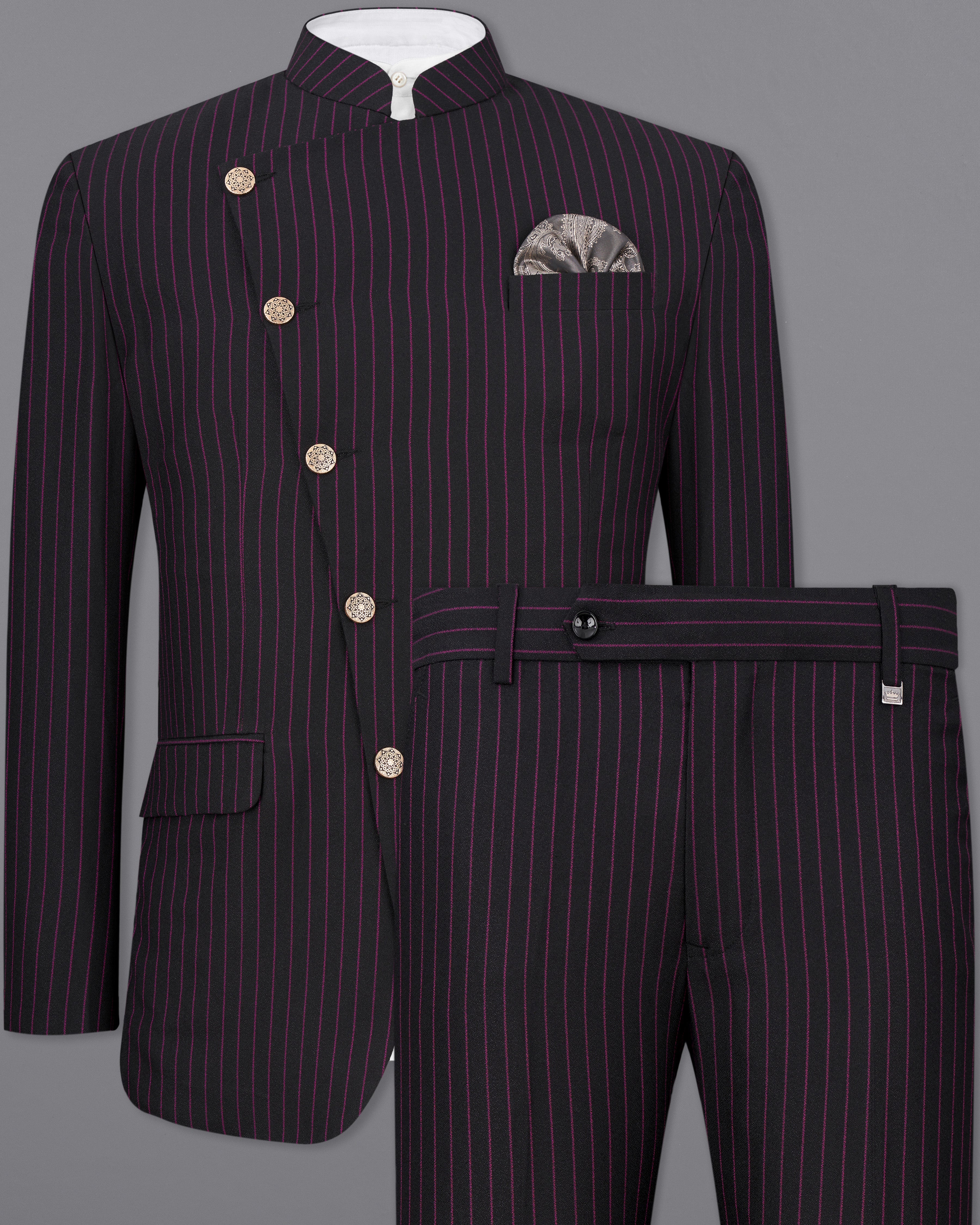 Zeus Black with Dark Mauve Pink Striped Cross-Buttoned Bandhgala Suit ST2479-CBG-36, ST2479-CBG-38, ST2479-CBG-40, ST2479-CBG-42, ST2479-CBG-44, ST2479-CBG-46, ST2479-CBG-48, ST2479-CBG-50, ST2479-CBG-52, ST2479-CBG-54, ST2479-CBG-56, ST2479-CBG-58, ST2479-CBG-60