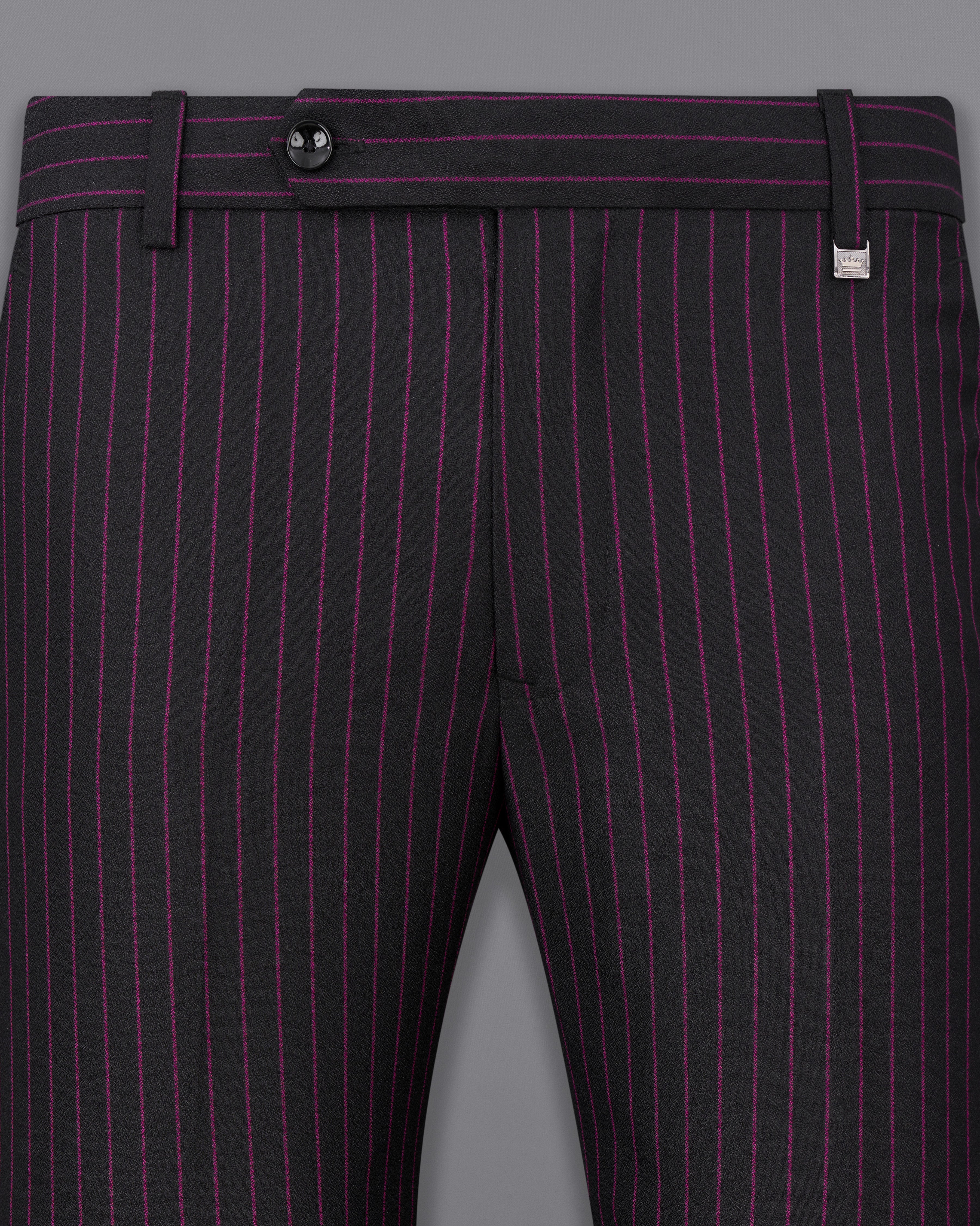 Zeus Black with Dark Mauve Pink Striped Cross-Buttoned Bandhgala Suit ST2479-CBG-36, ST2479-CBG-38, ST2479-CBG-40, ST2479-CBG-42, ST2479-CBG-44, ST2479-CBG-46, ST2479-CBG-48, ST2479-CBG-50, ST2479-CBG-52, ST2479-CBG-54, ST2479-CBG-56, ST2479-CBG-58, ST2479-CBG-60