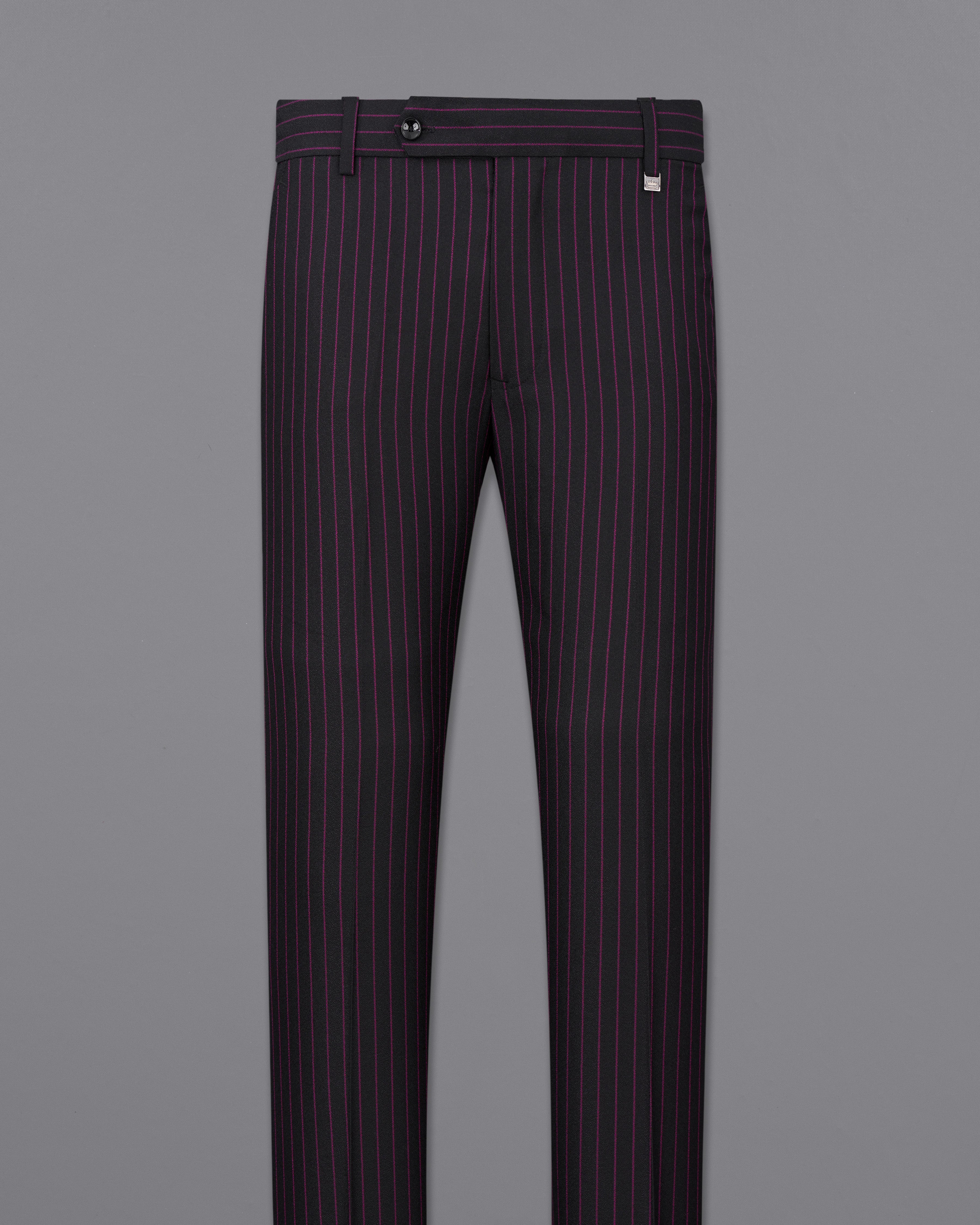 Zeus Black with Dark Mauve Pink Striped Cross-Buttoned Bandhgala Suit ST2479-CBG-36, ST2479-CBG-38, ST2479-CBG-40, ST2479-CBG-42, ST2479-CBG-44, ST2479-CBG-46, ST2479-CBG-48, ST2479-CBG-50, ST2479-CBG-52, ST2479-CBG-54, ST2479-CBG-56, ST2479-CBG-58, ST2479-CBG-60