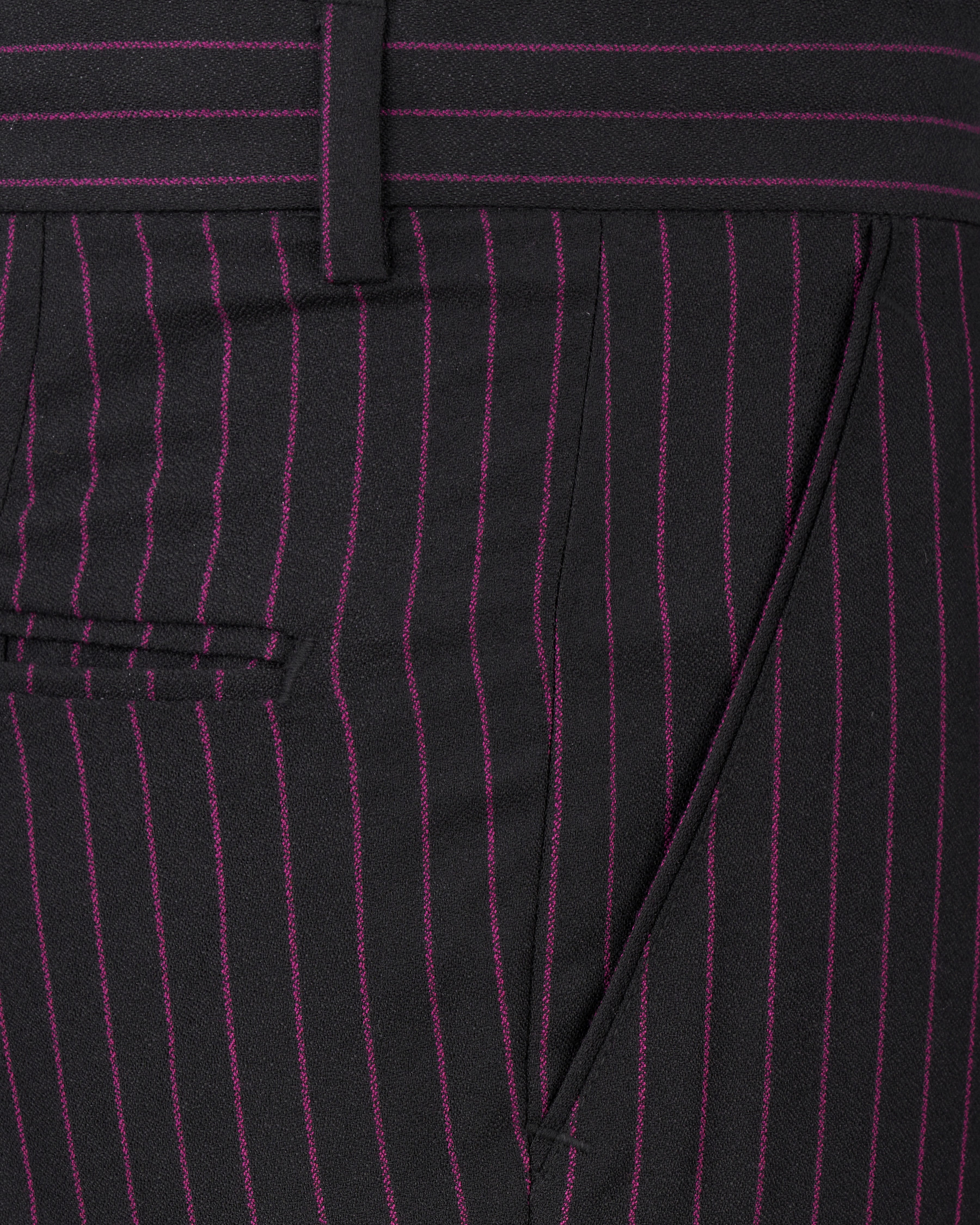 Zeus Black with Dark Mauve Pink Striped Cross-Buttoned Bandhgala Suit ST2479-CBG-36, ST2479-CBG-38, ST2479-CBG-40, ST2479-CBG-42, ST2479-CBG-44, ST2479-CBG-46, ST2479-CBG-48, ST2479-CBG-50, ST2479-CBG-52, ST2479-CBG-54, ST2479-CBG-56, ST2479-CBG-58, ST2479-CBG-60