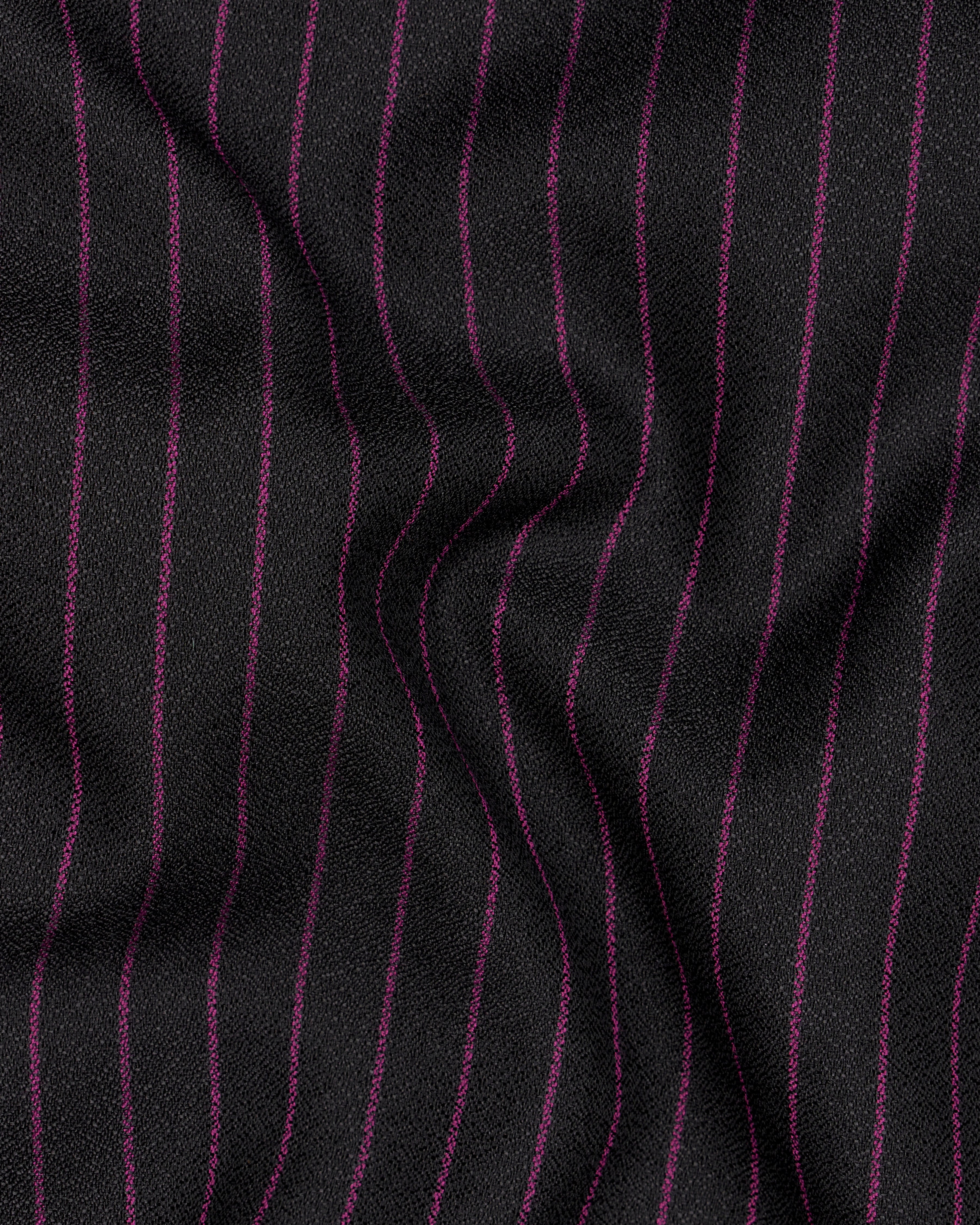 Zeus Black with Dark Mauve Pink Striped Cross-Buttoned Bandhgala Suit ST2479-CBG-36, ST2479-CBG-38, ST2479-CBG-40, ST2479-CBG-42, ST2479-CBG-44, ST2479-CBG-46, ST2479-CBG-48, ST2479-CBG-50, ST2479-CBG-52, ST2479-CBG-54, ST2479-CBG-56, ST2479-CBG-58, ST2479-CBG-60