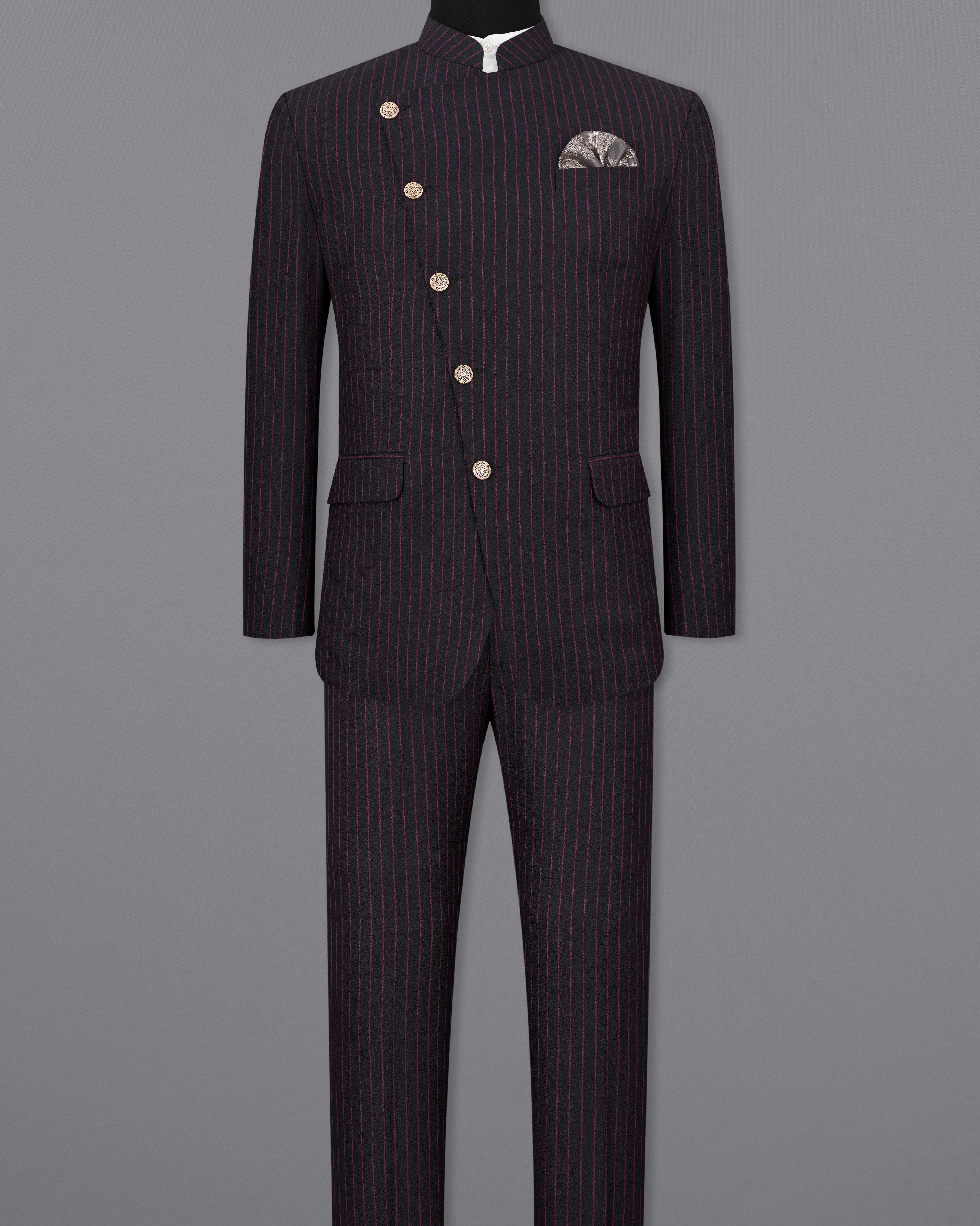 Zeus Black with Dark Mauve Pink Striped Cross-Buttoned Bandhgala Suit ST2479-CBG-36, ST2479-CBG-38, ST2479-CBG-40, ST2479-CBG-42, ST2479-CBG-44, ST2479-CBG-46, ST2479-CBG-48, ST2479-CBG-50, ST2479-CBG-52, ST2479-CBG-54, ST2479-CBG-56, ST2479-CBG-58, ST2479-CBG-60