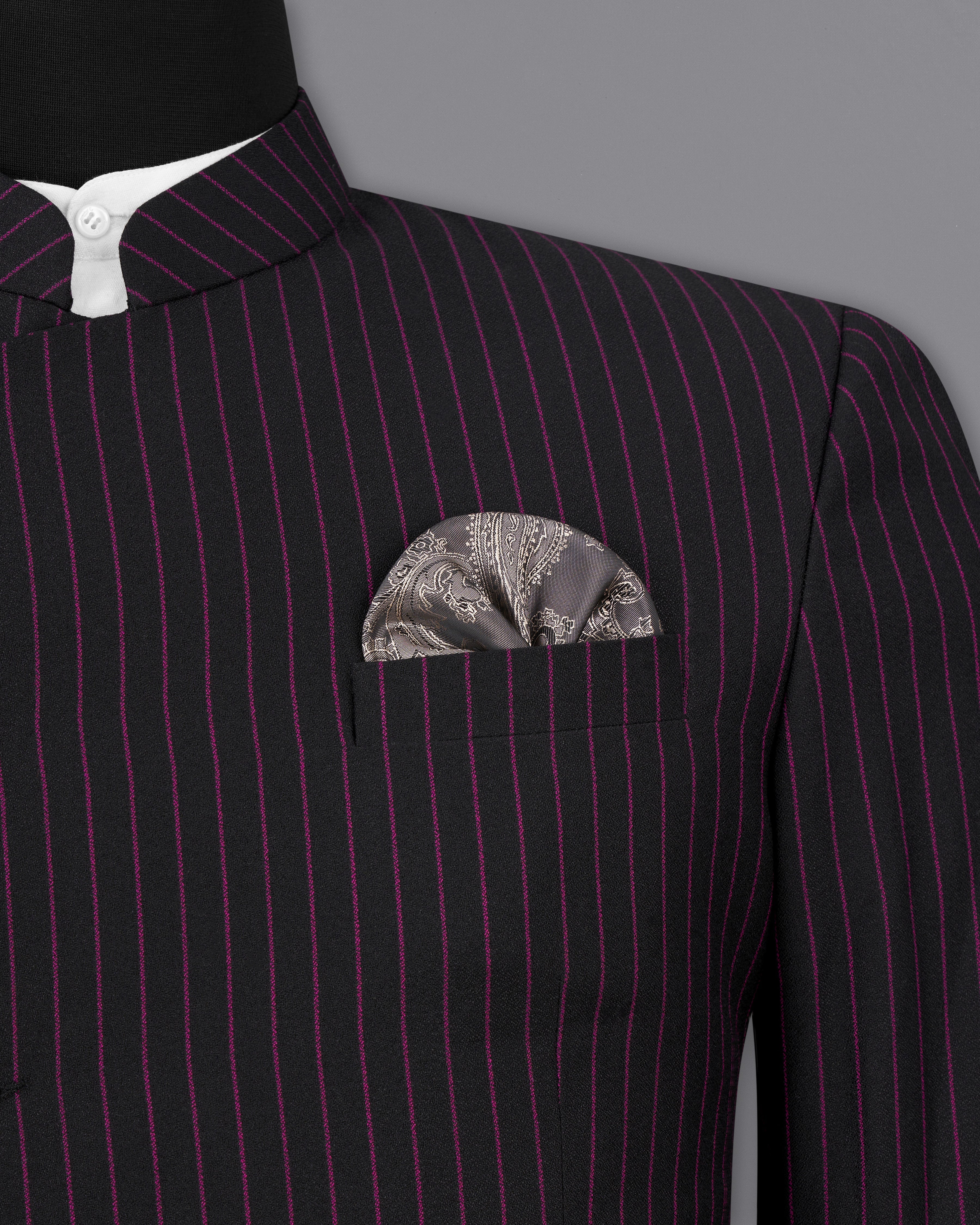 Zeus Black with Dark Mauve Pink Striped Cross-Buttoned Bandhgala Suit ST2479-CBG-36, ST2479-CBG-38, ST2479-CBG-40, ST2479-CBG-42, ST2479-CBG-44, ST2479-CBG-46, ST2479-CBG-48, ST2479-CBG-50, ST2479-CBG-52, ST2479-CBG-54, ST2479-CBG-56, ST2479-CBG-58, ST2479-CBG-60