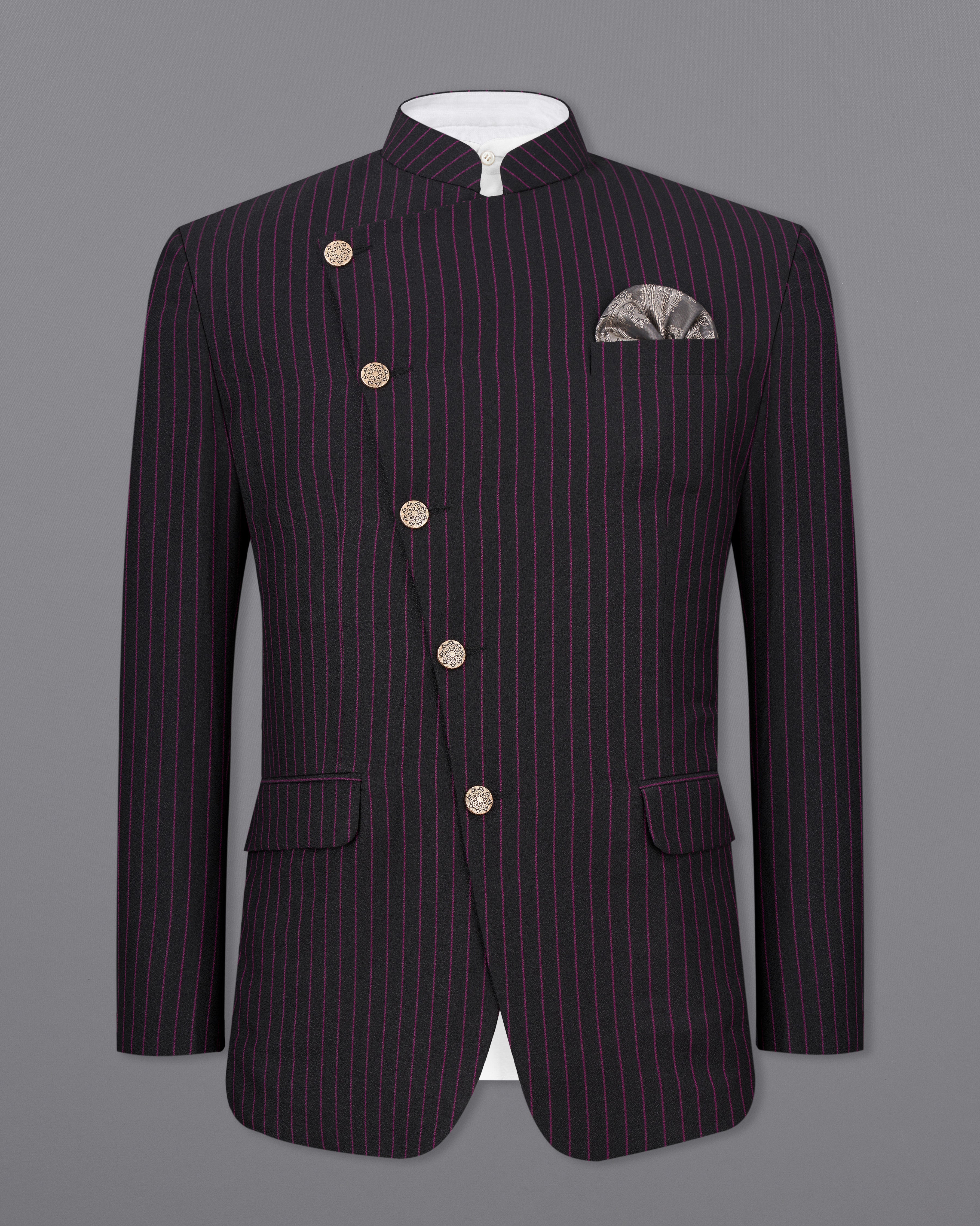 Zeus Black with Dark Mauve Pink Striped Cross-Buttoned Bandhgala Suit ST2479-CBG-36, ST2479-CBG-38, ST2479-CBG-40, ST2479-CBG-42, ST2479-CBG-44, ST2479-CBG-46, ST2479-CBG-48, ST2479-CBG-50, ST2479-CBG-52, ST2479-CBG-54, ST2479-CBG-56, ST2479-CBG-58, ST2479-CBG-60