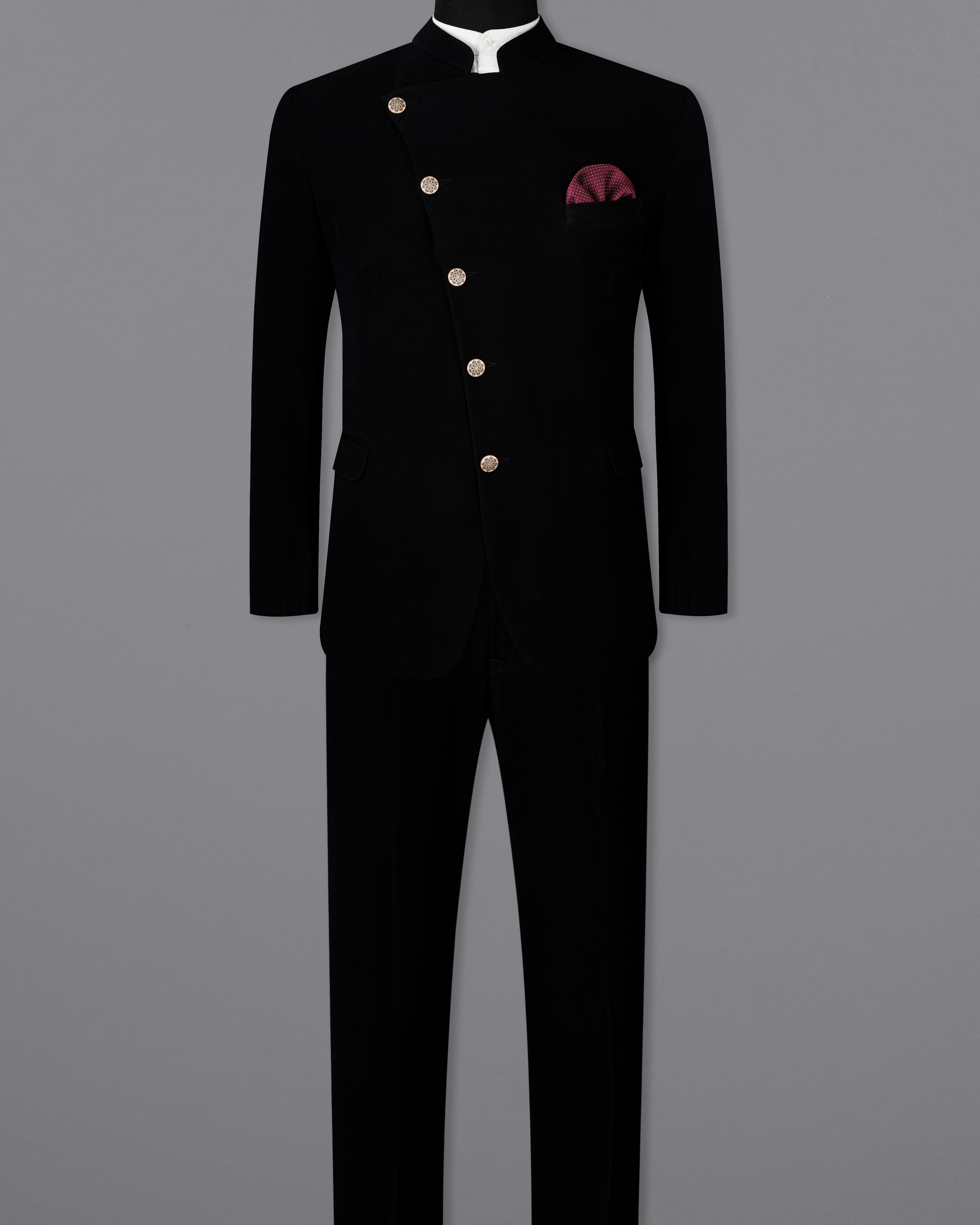 Korean Black Cross Buttoned Bandhgala Suit ST2552-CBG-36, ST2552-CBG-38, ST2552-CBG-40, ST2552-CBG-42, ST2552-CBG-44, ST2552-CBG-46, ST2552-CBG-48, ST2552-CBG-50, ST2552-CBG-55, ST2552-CBG-54, ST2552-CBG-56, ST2552-CBG-58, ST2552-CBG-60