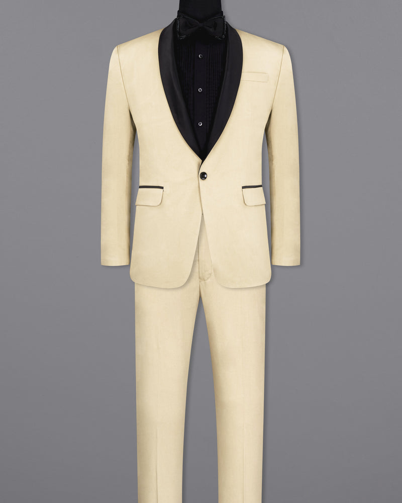 MOON MIST BEIGE WITH BLACK LAPEL STRETCHABLE TUXEDO PREMIUM COTTON TRAVELER SUIT