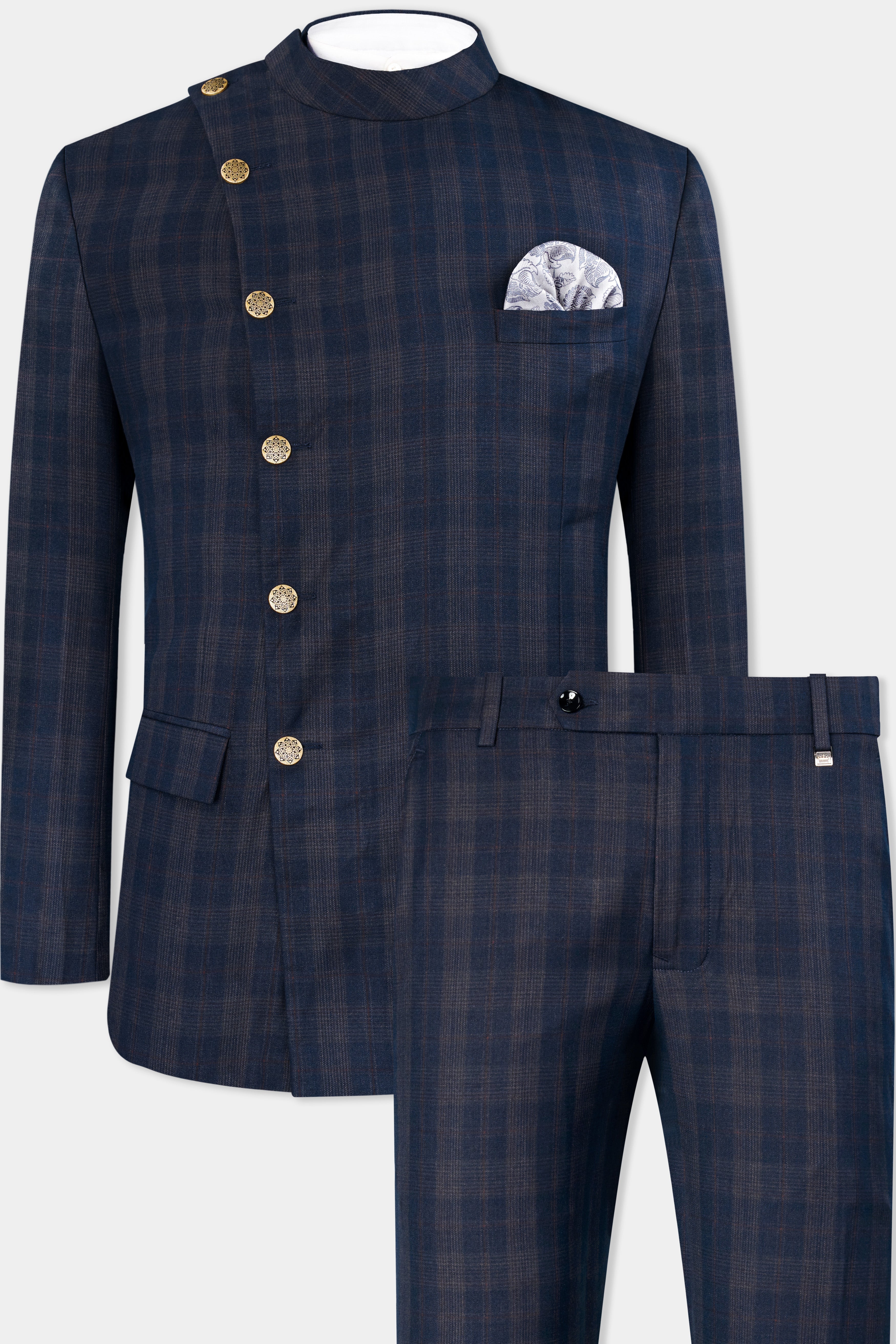 Admiral Blue and Cinereous Brown Plaid Wool Rich Cross Buttoned Bandhgala Suit ST2872-CBG2-36, ST2872-CBG2-38, ST2872-CBG2-40, ST2872-CBG2-42, ST2872-CBG2-44, ST2872-CBG2-46, ST2872-CBG2-48, ST2872-CBG2-50, ST2872-CBG2-52, ST2872-CBG2-54, ST2872-CBG2-56, ST2872-CBG2-58, ST2872-CBG2-60