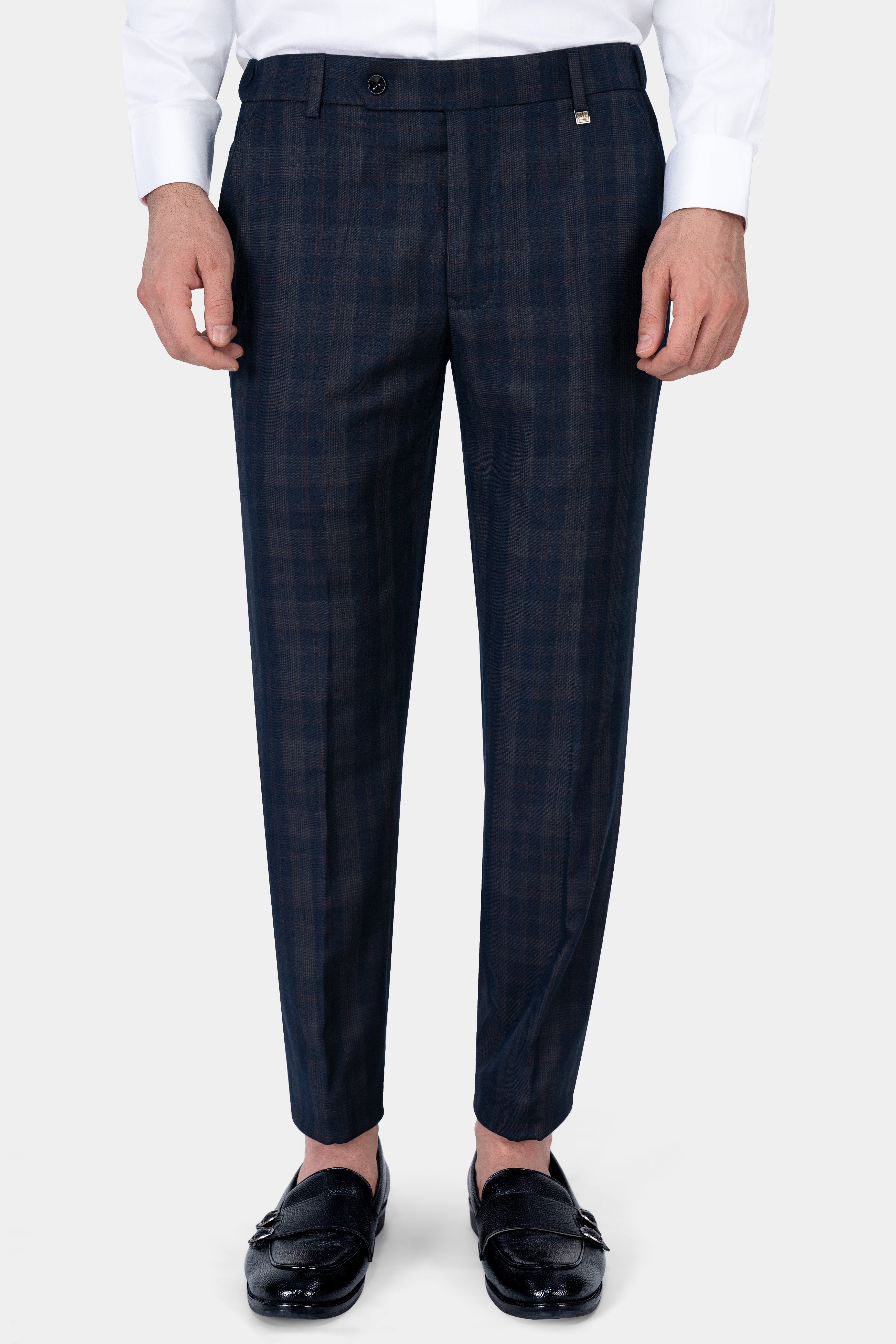 Admiral Blue and Cinereous Brown Plaid Wool Rich Cross Buttoned Bandhgala Suit ST2872-CBG2-36, ST2872-CBG2-38, ST2872-CBG2-40, ST2872-CBG2-42, ST2872-CBG2-44, ST2872-CBG2-46, ST2872-CBG2-48, ST2872-CBG2-50, ST2872-CBG2-52, ST2872-CBG2-54, ST2872-CBG2-56, ST2872-CBG2-58, ST2872-CBG2-60