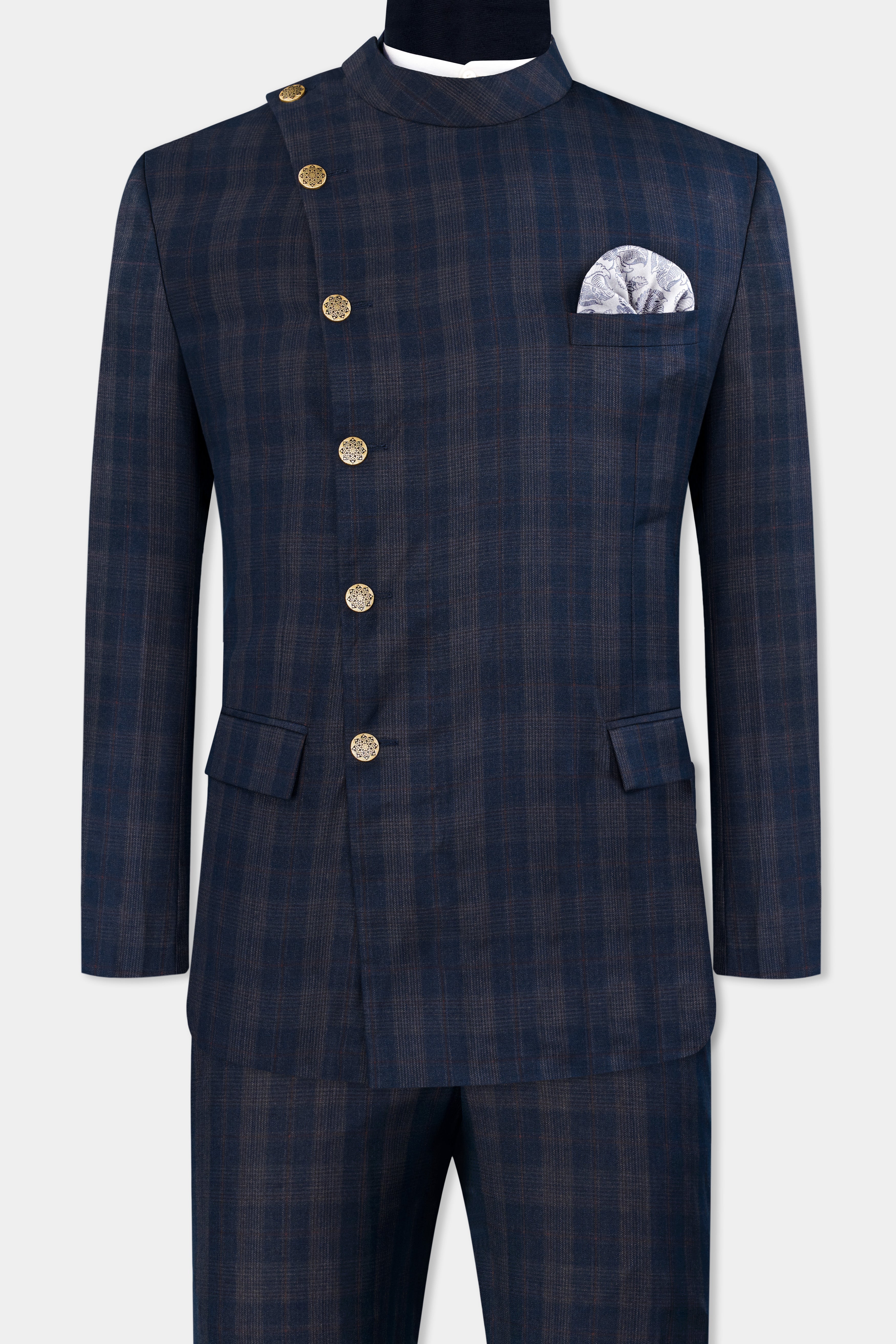 Admiral Blue and Cinereous Brown Plaid Wool Rich Cross Buttoned Bandhgala Suit ST2872-CBG2-36, ST2872-CBG2-38, ST2872-CBG2-40, ST2872-CBG2-42, ST2872-CBG2-44, ST2872-CBG2-46, ST2872-CBG2-48, ST2872-CBG2-50, ST2872-CBG2-52, ST2872-CBG2-54, ST2872-CBG2-56, ST2872-CBG2-58, ST2872-CBG2-60