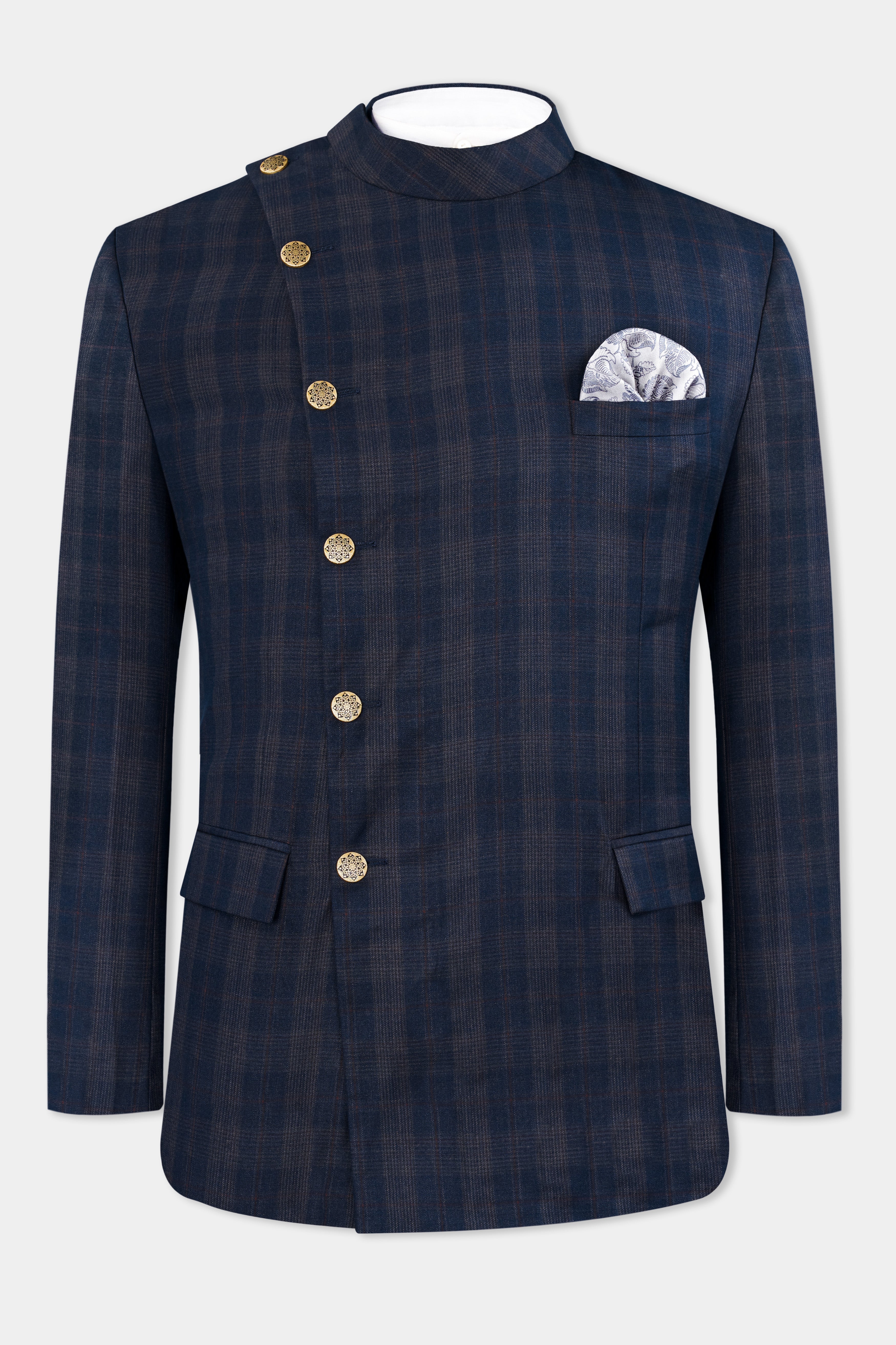 Admiral Blue and Cinereous Brown Plaid Wool Rich Cross Buttoned Bandhgala Suit ST2872-CBG2-36, ST2872-CBG2-38, ST2872-CBG2-40, ST2872-CBG2-42, ST2872-CBG2-44, ST2872-CBG2-46, ST2872-CBG2-48, ST2872-CBG2-50, ST2872-CBG2-52, ST2872-CBG2-54, ST2872-CBG2-56, ST2872-CBG2-58, ST2872-CBG2-60