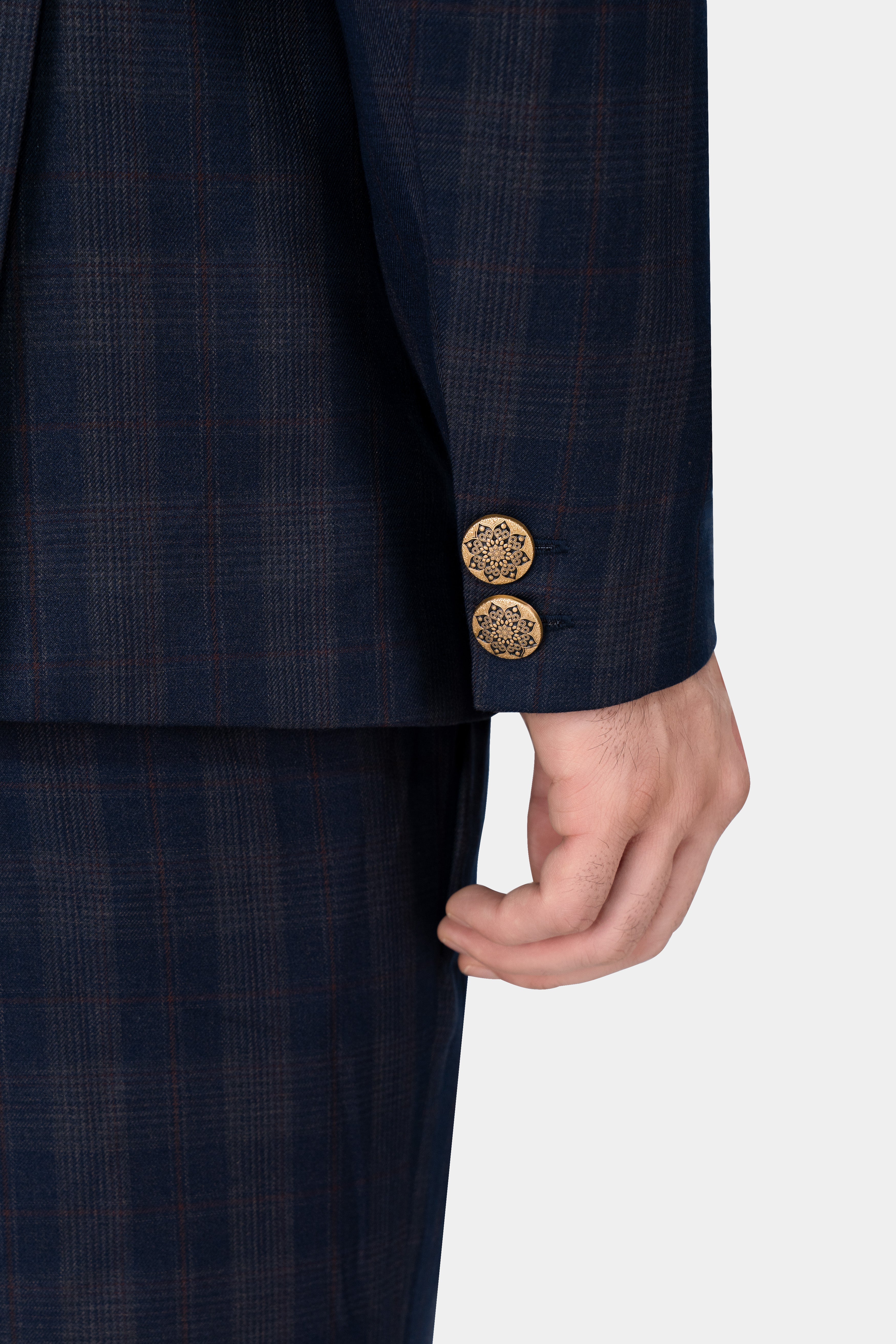 Admiral Blue and Cinereous Brown Plaid Wool Rich Cross Buttoned Bandhgala Suit ST2872-CBG2-36, ST2872-CBG2-38, ST2872-CBG2-40, ST2872-CBG2-42, ST2872-CBG2-44, ST2872-CBG2-46, ST2872-CBG2-48, ST2872-CBG2-50, ST2872-CBG2-52, ST2872-CBG2-54, ST2872-CBG2-56, ST2872-CBG2-58, ST2872-CBG2-60