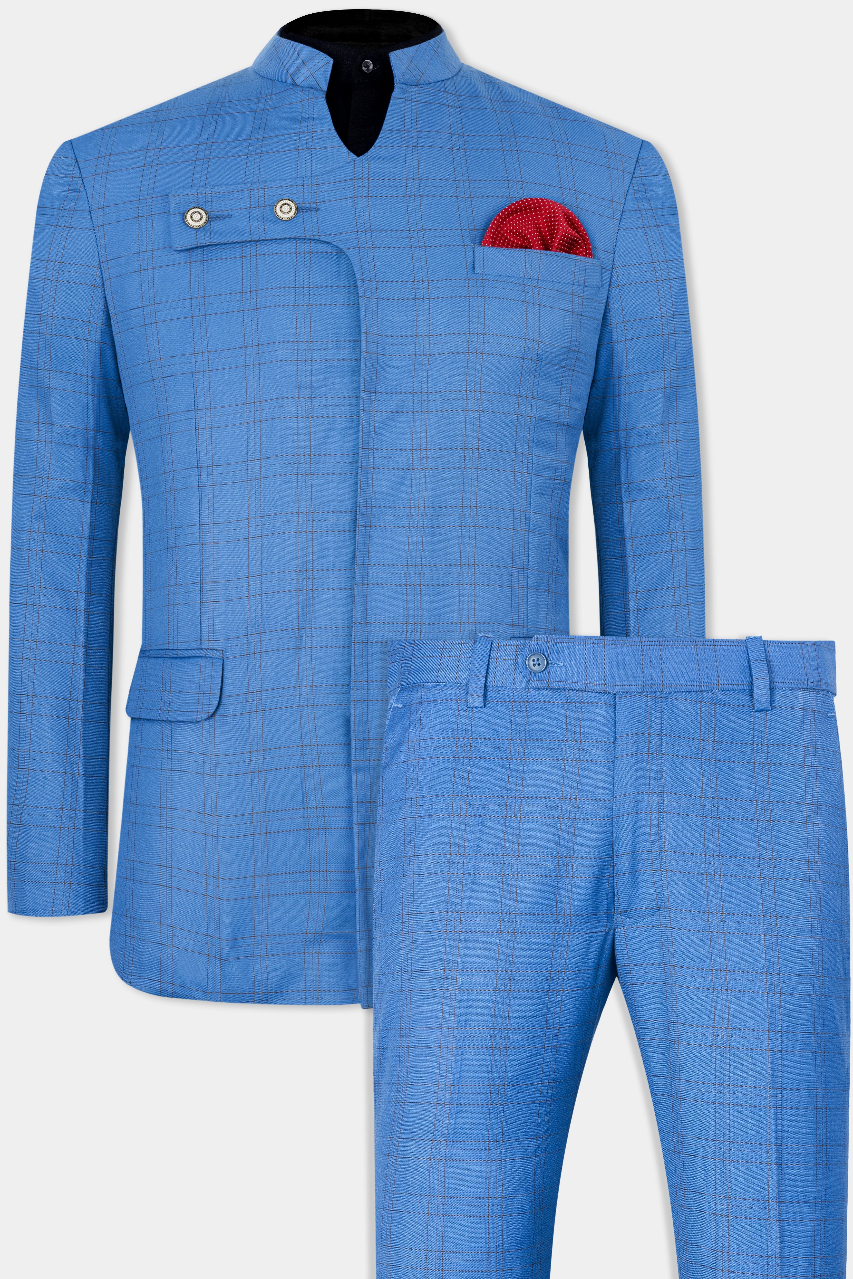 Tufts Blue and Taupe Brown Plaid Wool Rich Bandhgala Designer Suit ST2876-D434-36, ST2876-D434-38, ST2876-D434-40, ST2876-D434-42, ST2876-D434-44, ST2876-D434-46, ST2876-D434-48, ST2876-D434-50, ST2876-D434-52, ST2876-D434-54, ST2876-D434-56, ST2876-D434-58, ST2876-D434-60