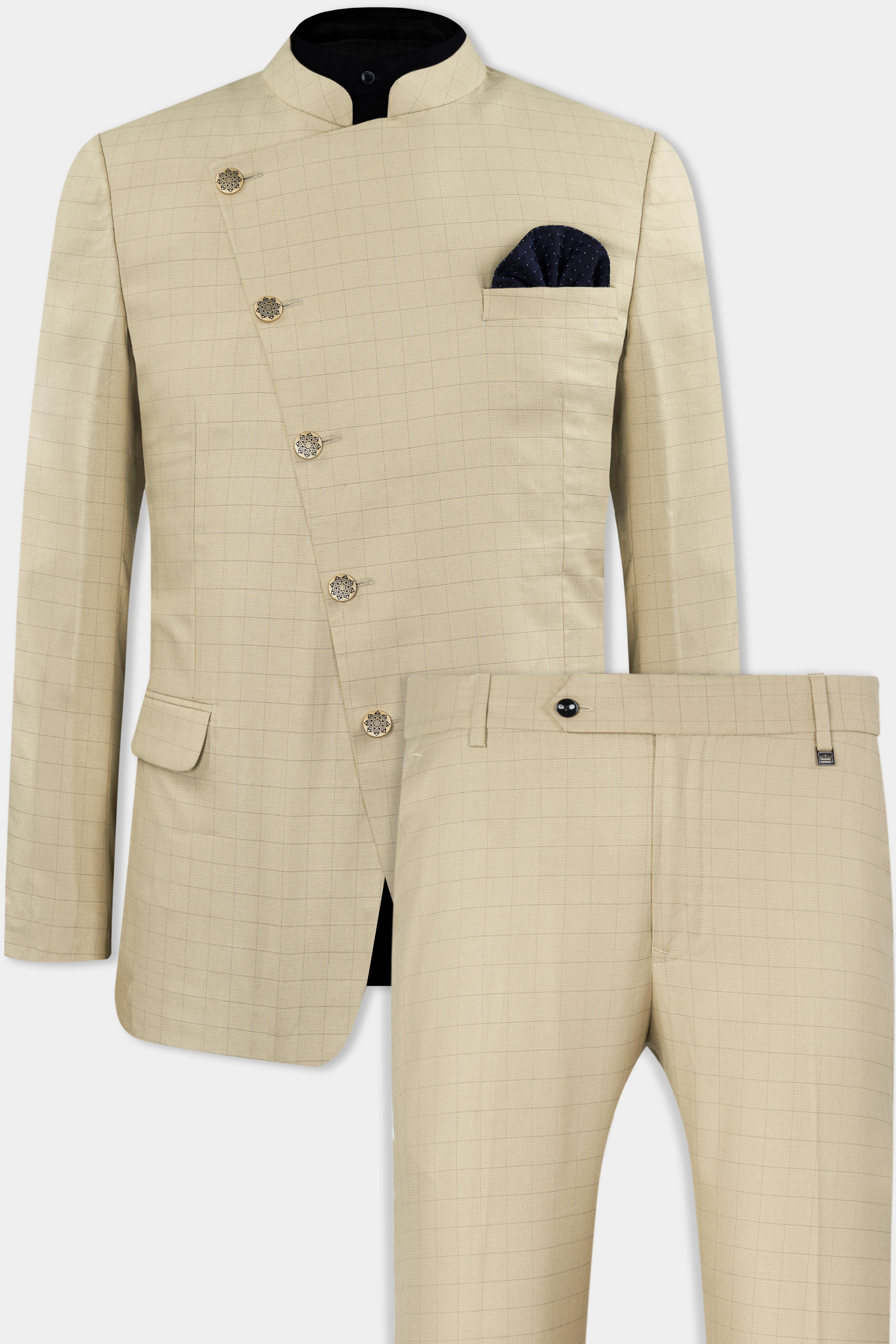 Pavlova Brown with Taupe Brown Checkered Dobby Wool Rich Cross Buttoned Bandhgala Suit ST2878-CBG-36, ST2878-CBG-38, ST2878-CBG-40, ST2878-CBG-42, ST2878-CBG-44, ST2878-CBG-46, ST2878-CBG-48, ST2878-CBG-50, ST2878-CBG-52, ST2878-CBG-54, ST2878-CBG-56, ST2878-CBG-58, ST2878-CBG-60