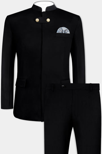 Jade Black Wool Rich Bandhgala Designer Suit