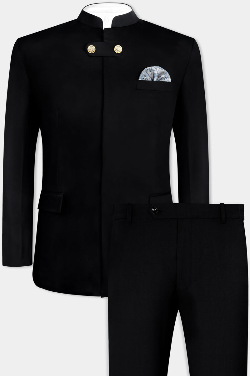 Jade Black Wool Rich Bandhgala Designer Suit