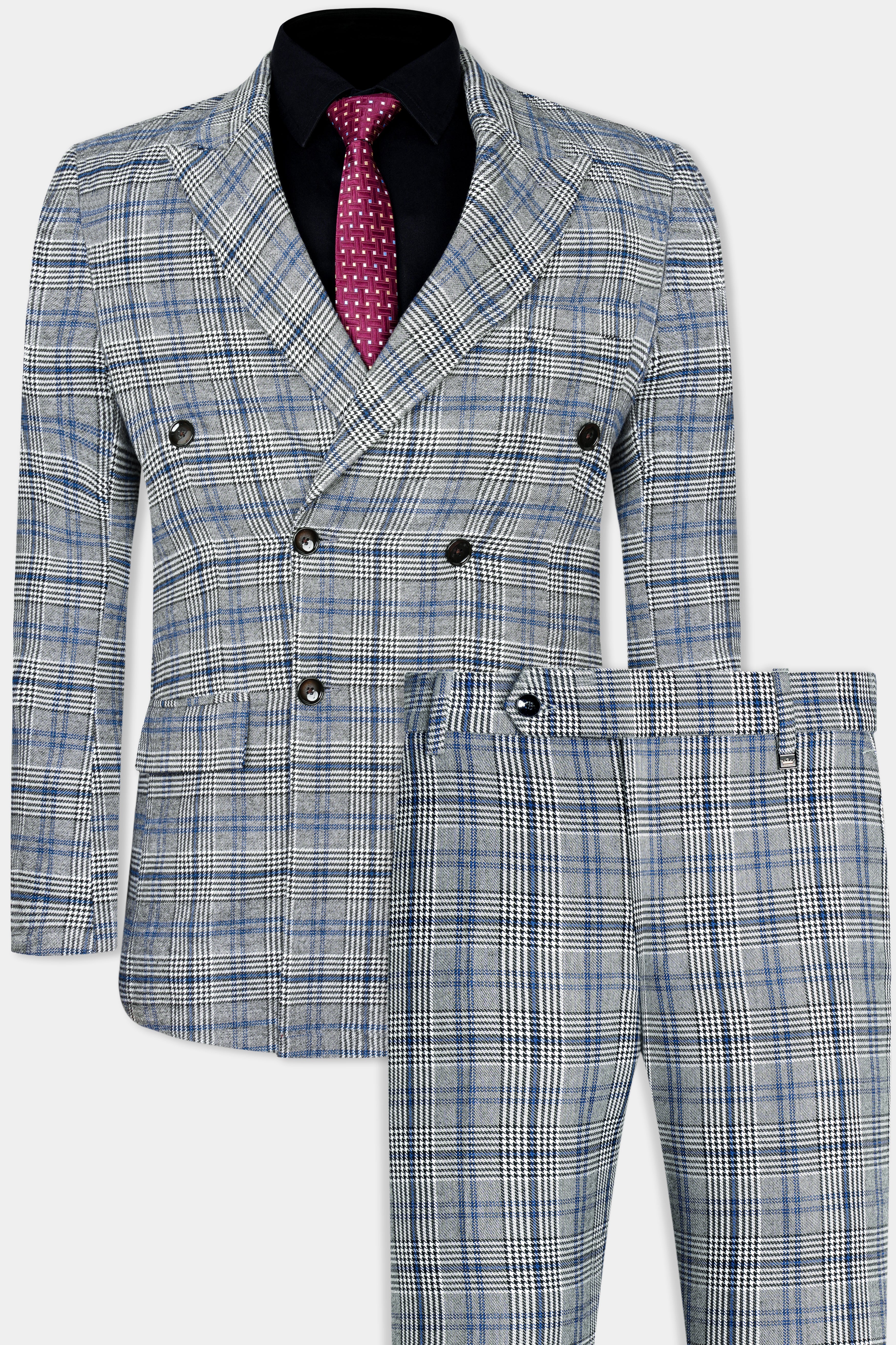 Chalice Gray and Chathams Blue Plaid Houndstooth Tweed Double-Breasted Suit ST3027-DB-36, ST3027-DB-38, ST3027-DB-40, ST3027-DB-42, ST3027-DB-44, ST3027-DB-46, ST3027-DB-48, ST3027-DB-50, ST3027-DB-52, ST3027-DB-54, ST3027-DB-56, ST3027-DB-58, ST3027-DB-60
